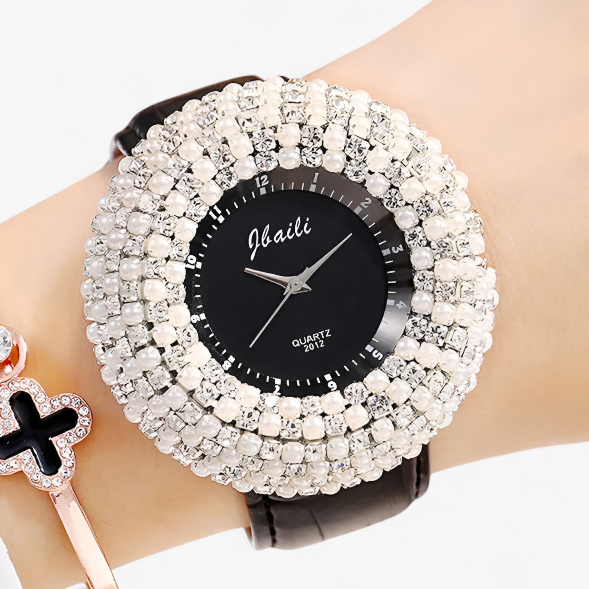 Orologio in pelle con quadrante nero e strass Uomo - - female watch orologio orologio pelle pelle quadrante strass uomo watch for women watches - Concept Palermo