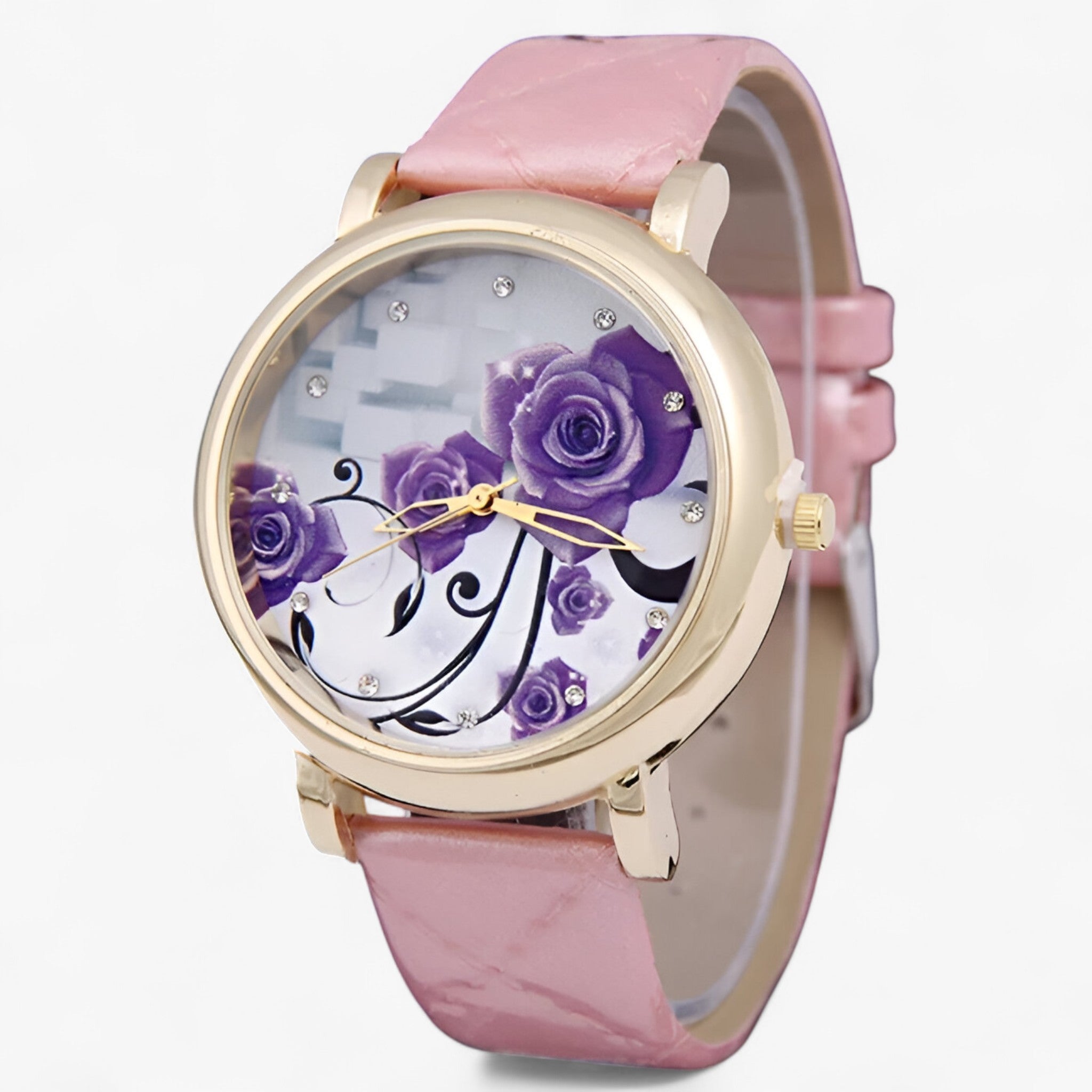 Orologio Uomo Elegante al Quarzo con Cinturino in Vera Pelle Marrone Floreale - Pink - cinturino female watch floreale orologio orologio quarzo pelle quarzo uomo watch for women watches - Concept Palermo