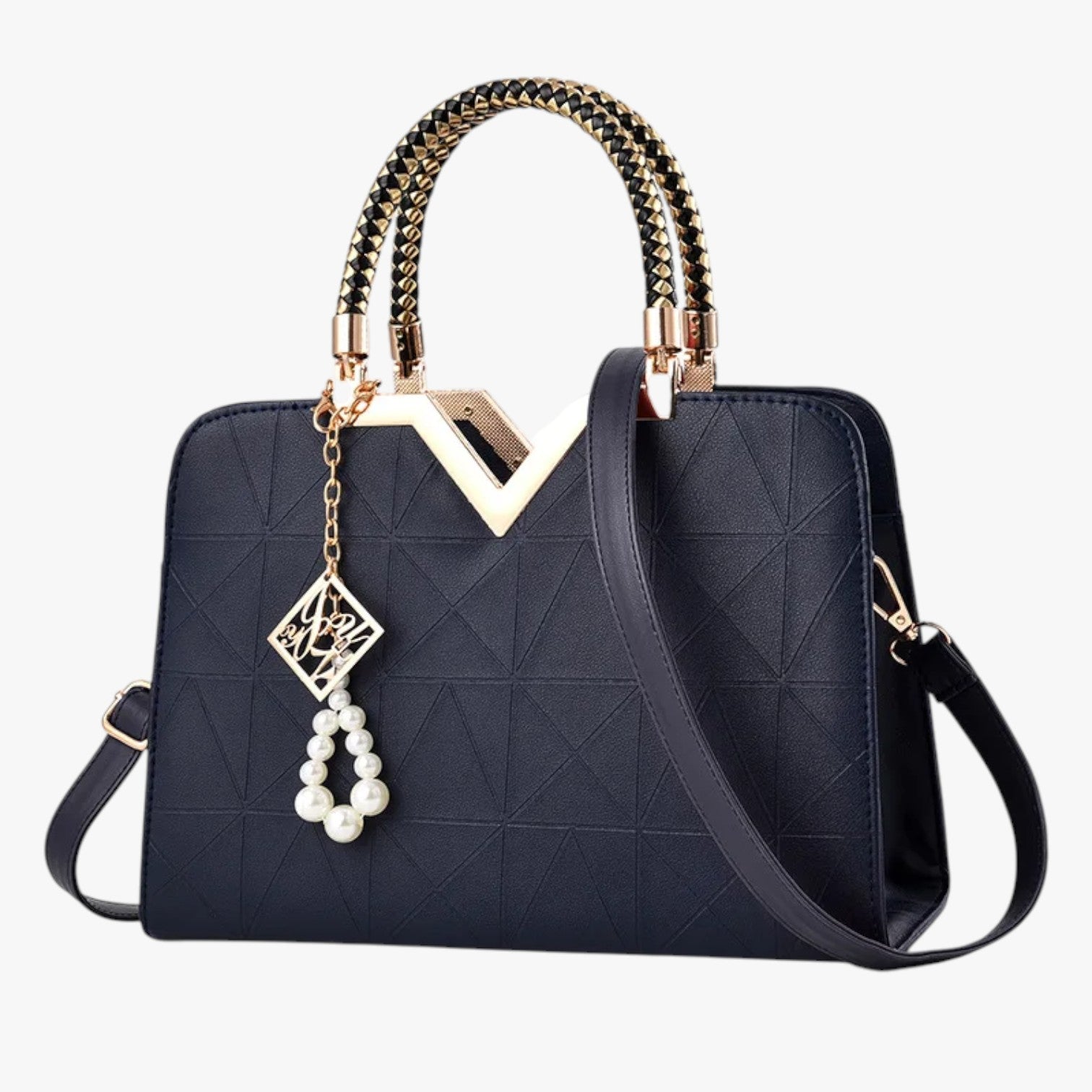 Borsa a Spalla Donna in Pelle con Cerniera e Perle - Chic Autunno - Blu scuro - autumn autumn chic Bags borsa cerniera chic pelle perle women bags Women's handbags - Concept Palermo