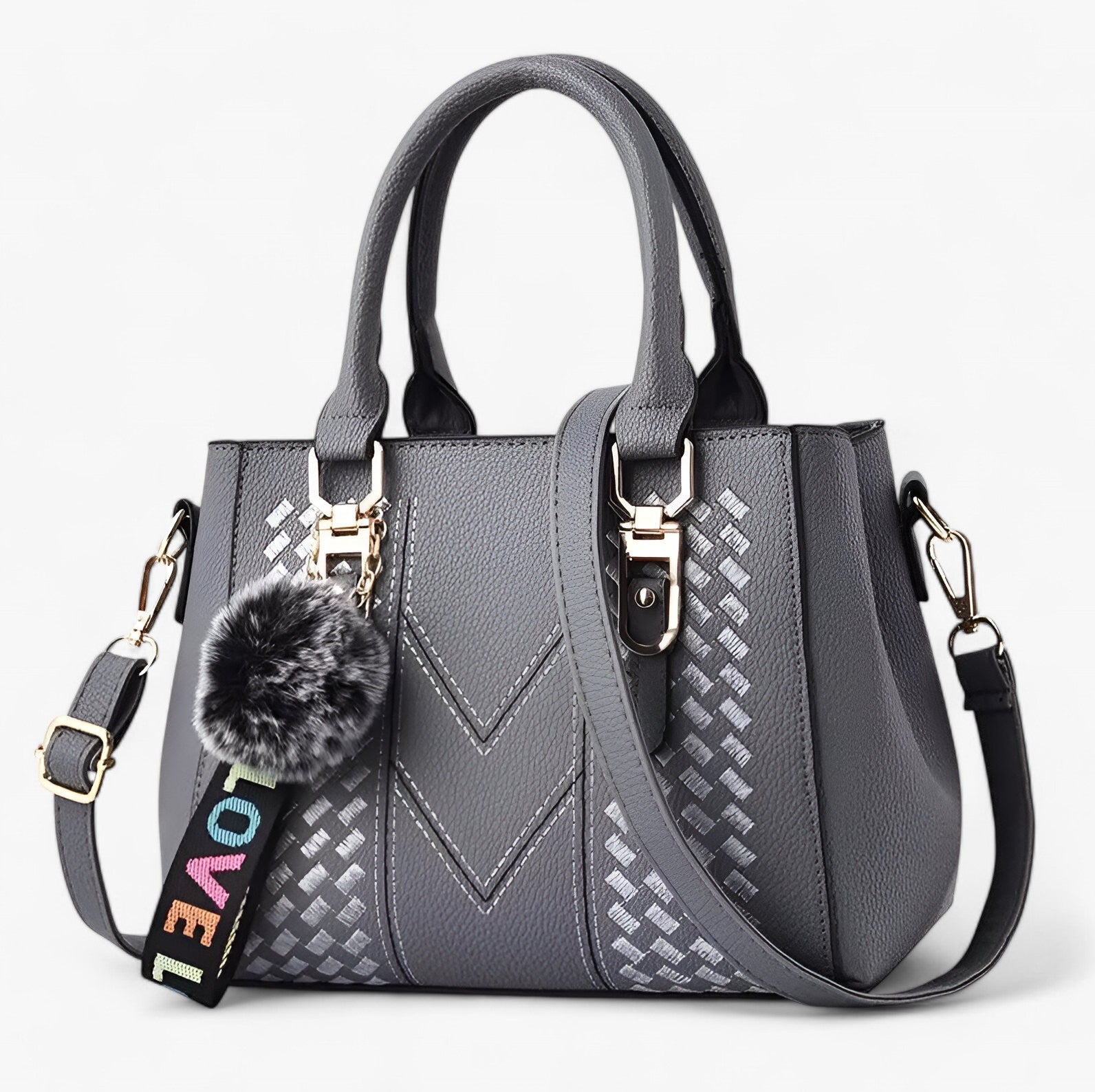 Borsa Messenger Donna Nera in Vera Pelle con Tracolla Regolabile e Pompon - Grigio - bag bags borsa borsa messenger casual bag donna Gift Gifts for women Handbag messenger pelle pompon women bags womens fashion - Concept Palermo