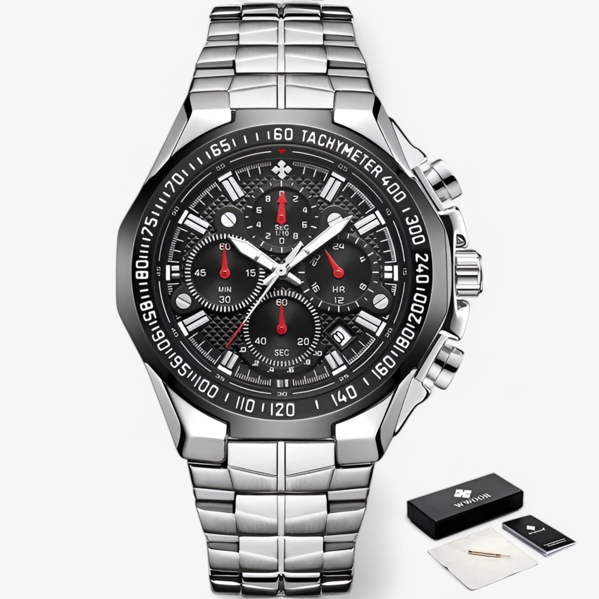 Orologio Militare Cronografo in Acciaio - argento nero con scatola - accessoires acciaio cronografo horloges militare orologio orologio militare watches - Concept Palermo