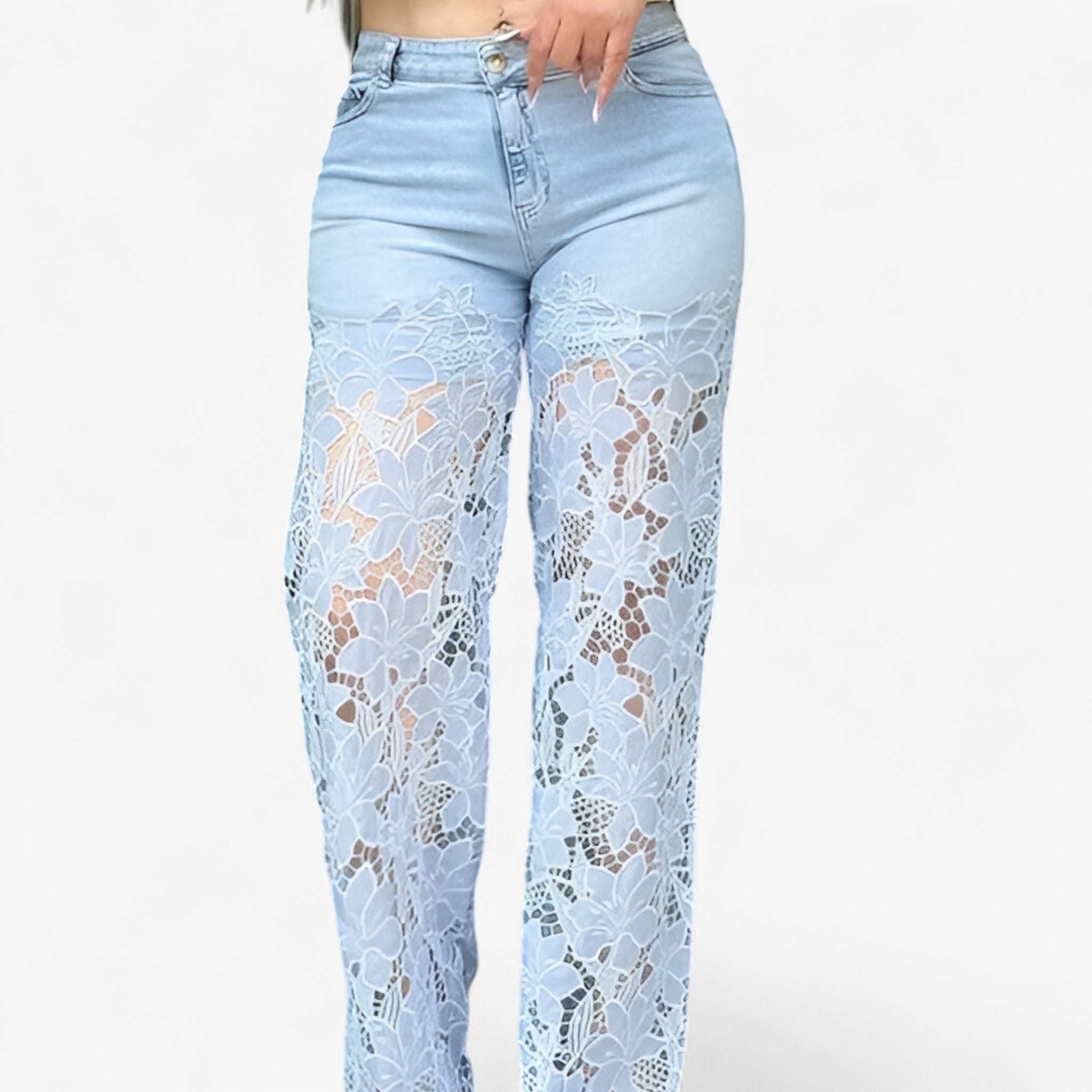 Jeans Donna in Denim con Patches Pizzo Floreale - Vestibilità Skinny - - abbigliamento casual abbigliamento chic capo versatile denim donna džínové džíny jeans jeans con pizzo jeans donna jeans trendy moda femminile pantaloni in denim pants patches pizzo stile moderno - Concept Palermo