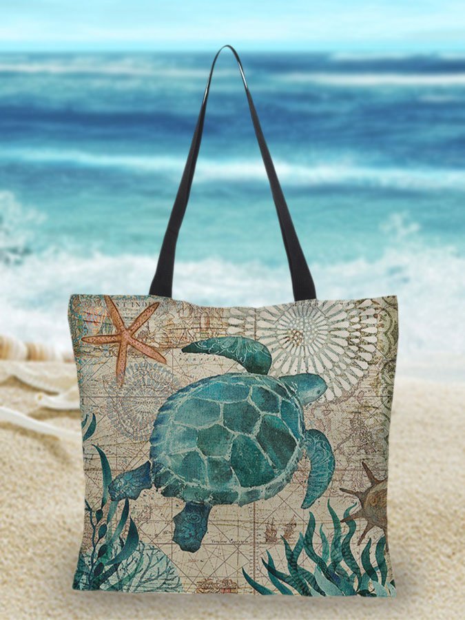 Borsa da spiaggia in lino con stampa sull'oceano Donna - Tartaruga - bags borsa borsa spiaggia donna lino oceano shopper bags spiaggia stampa tote bag - Concept Palermo