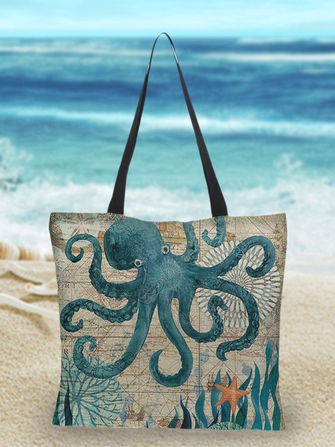 Borsa da spiaggia in lino con stampa sull'oceano Donna - calamaro - bags borsa borsa spiaggia donna lino oceano shopper bags spiaggia stampa tote bag - Concept Palermo