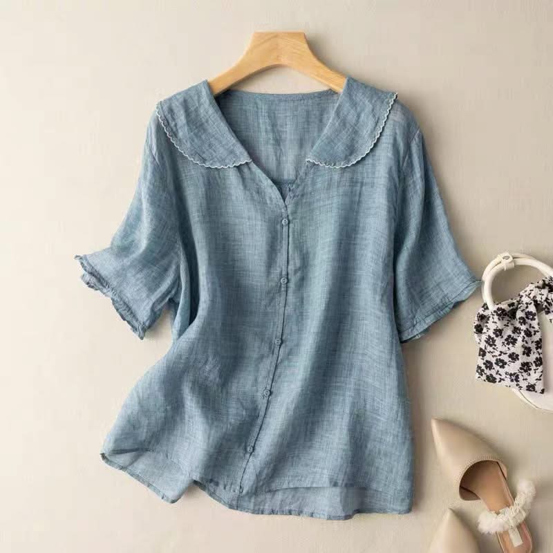 Blusa Donna Lino con Colletto Smerlato - Vestibilità Rilassata