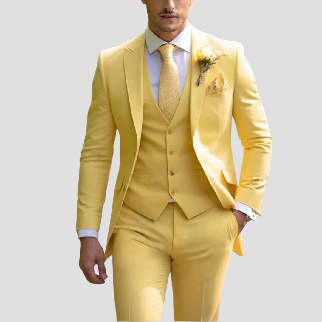 Abito Tricolore Slim Fit Mix Su Misura da Uomo per Matrimoni e Testimoni dello Sposo - Giallo - abito uomo business attire completo slim fit dress suit elegant suit formal wear men's fashion men's suits slim fit suit sophisticated style tailored suit three-piece suit waistcoat wedding suit - Concept Palermo