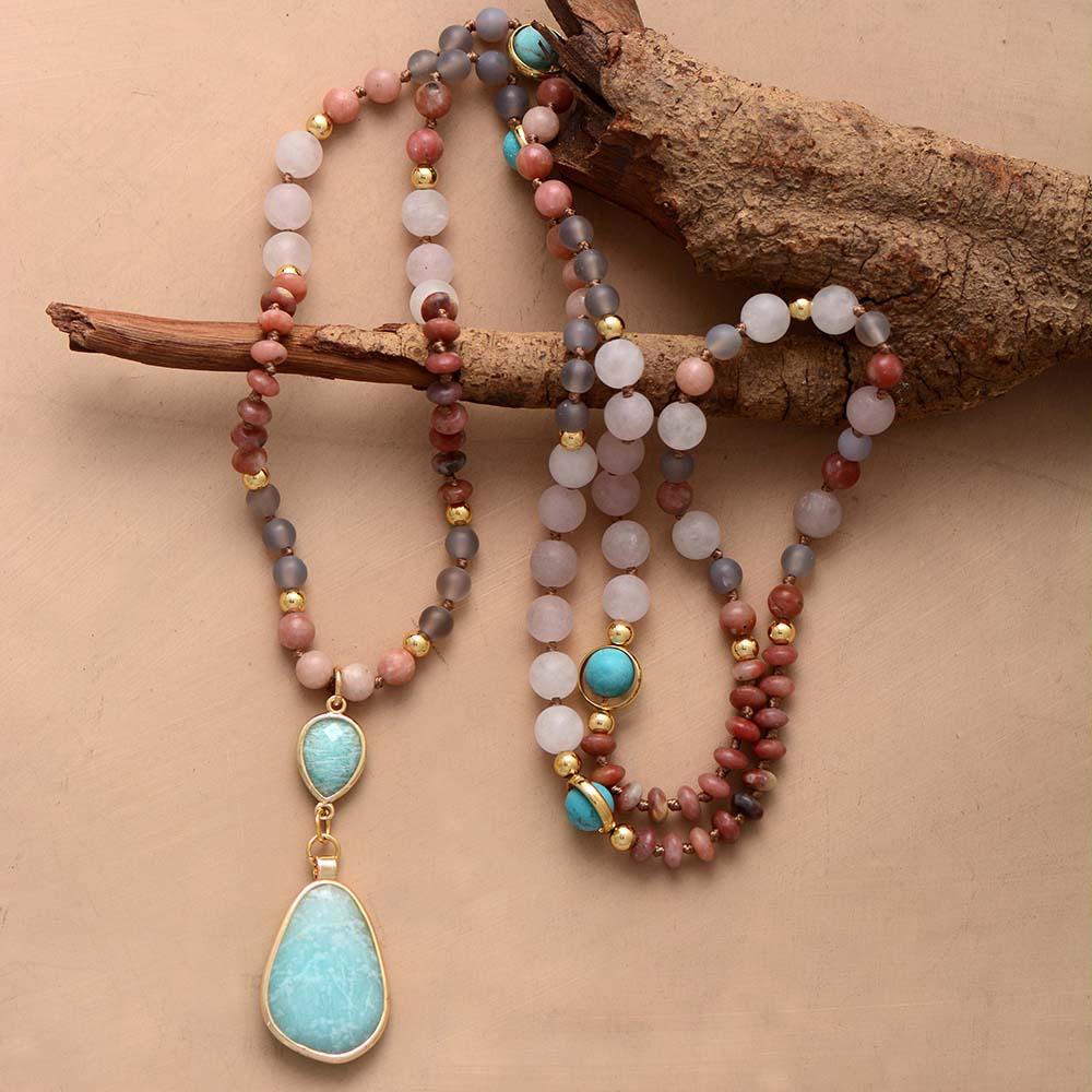 Collana Mala 108 Perle Donna, Amazzonite Azzurra Naturale & Quarzo Rosa per Yoga e Meditazione - - amazzonite collana collana perle colorata jewelry mala new_for_google_may perle profonda - Concept Palermo