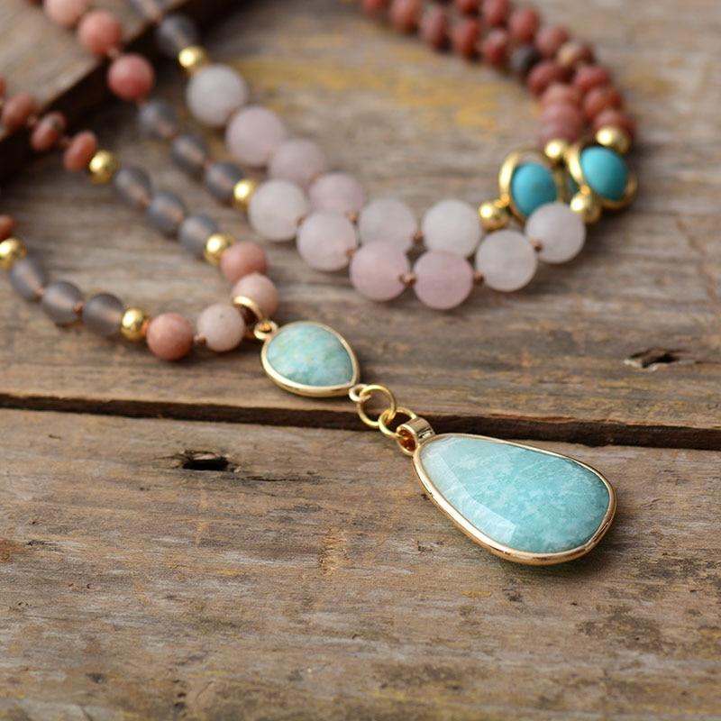Collana Mala 108 Perle Donna, Amazzonite Azzurra Naturale & Quarzo Rosa per Yoga e Meditazione - - amazzonite collana collana perle colorata jewelry mala new_for_google_may perle profonda - Concept Palermo