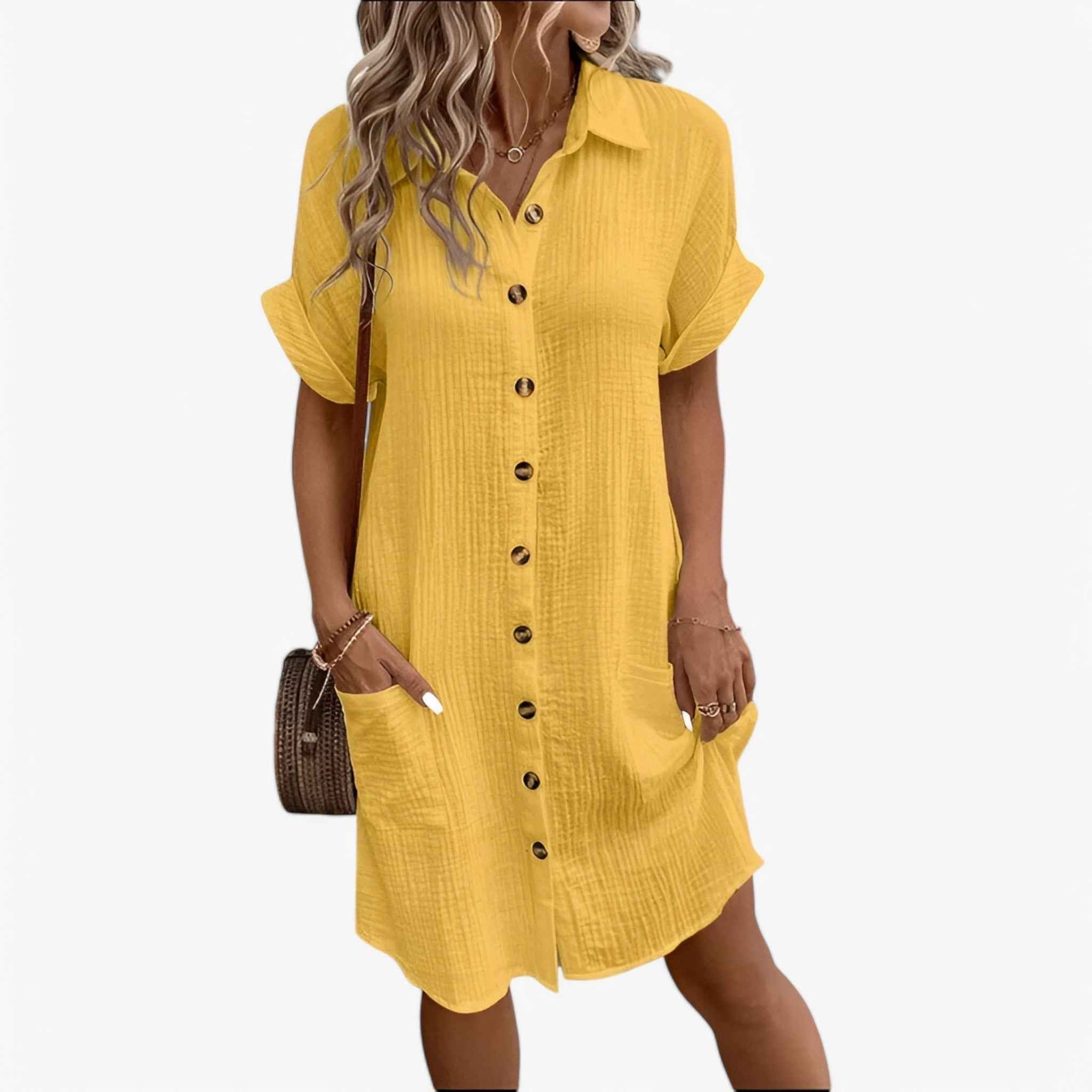 Vestito estivo da Donna Leggero in Lino Cotone Misto - Perfetto per la Spiaggia e le Vacanze - Jaune - cross-from-marche-lino-15834378010973 femme MEGA mélange New-google robe robe femme tissus - Concept Palermo