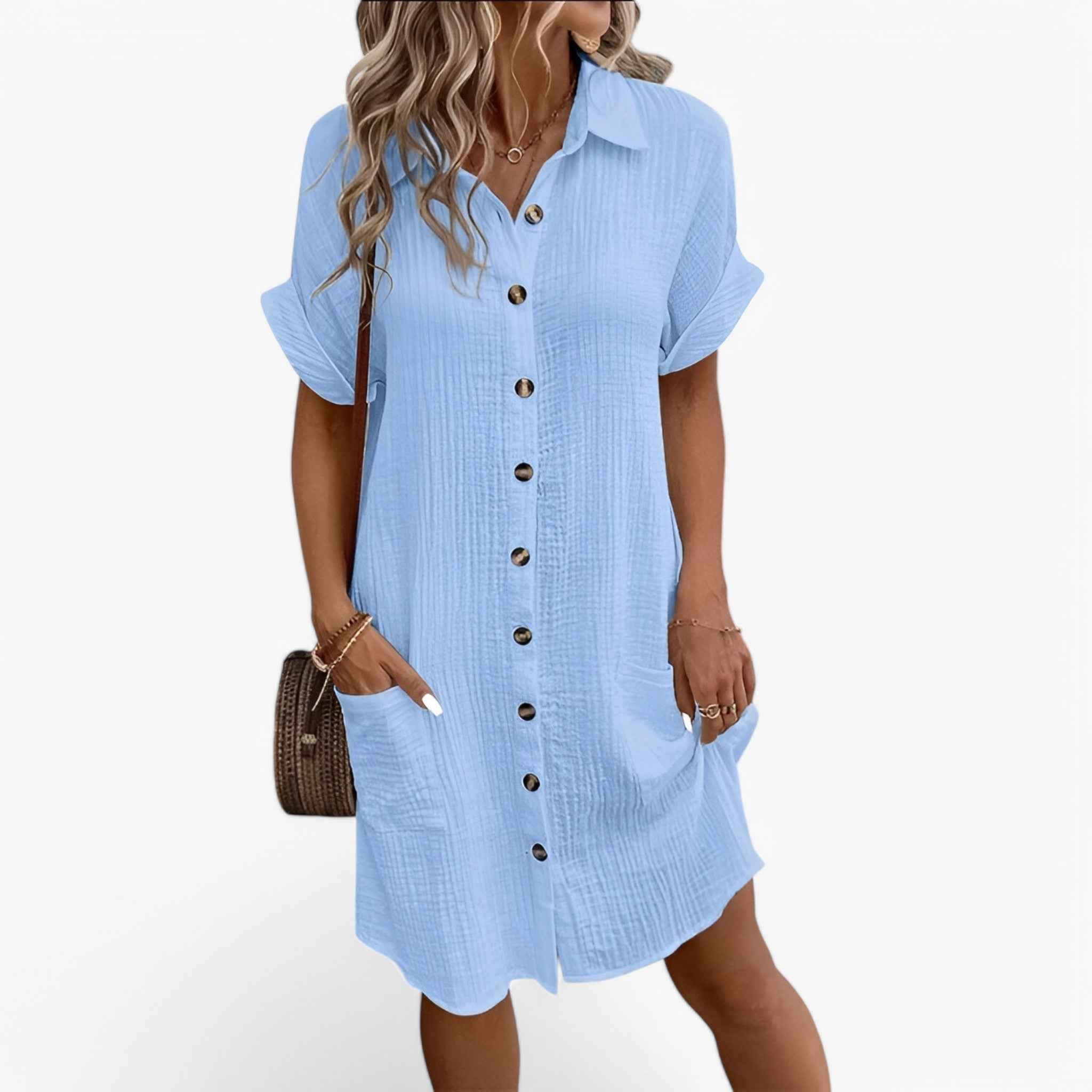 Vestito estivo da Donna Leggero in Lino Cotone Misto - Perfetto per la Spiaggia e le Vacanze - Bleu - cross-from-marche-lino-15834378010973 femme MEGA mélange New-google robe robe femme tissus - Concept Palermo