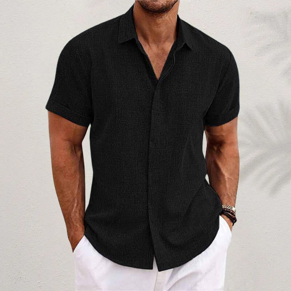 Camicia Uomo Maniche Corte in Cotone e Lino Traspirante - Nero - camicia camicia maniche corte cotone fashion lino maniche men's top clothes uomo - Concept Palermo