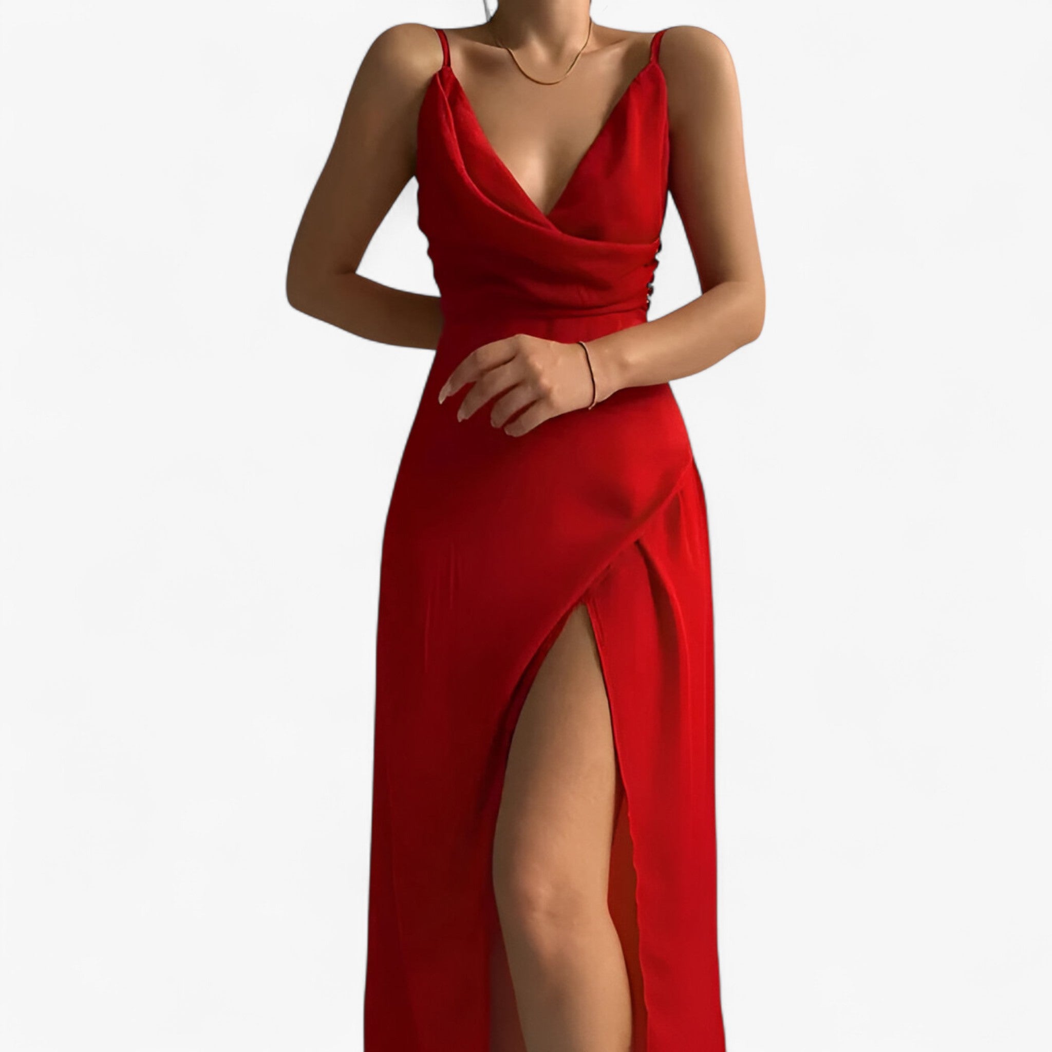 Abito Elegante Donna in Raso Satinato con Scollo a Cascata e Spalline Sottili - Rosso - abito abito con alto spacco abito da matrimonio abito donna abito elegante abito serale abito versatile cascata donna dresses look raffinato outfit femminile satin scollo stile elegante vestito con scollo a cascata vestito in satin - Concept Palermo