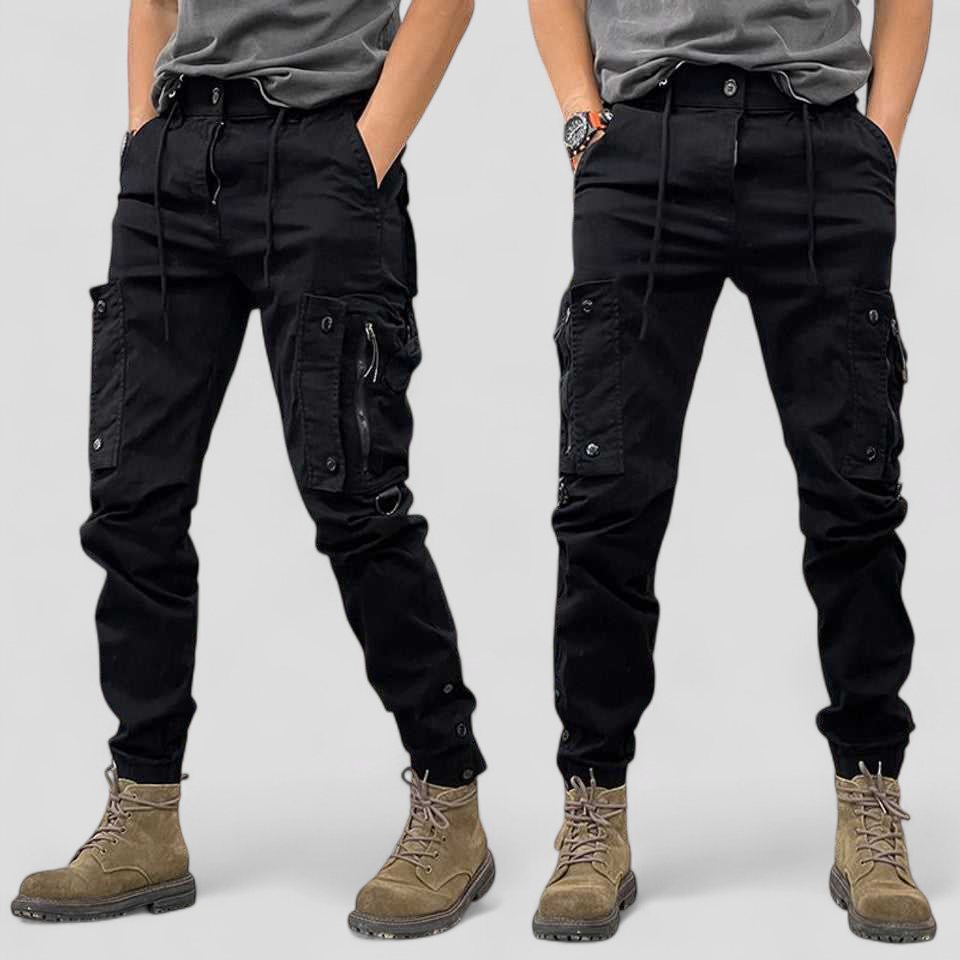 Pantaloni Cargo Uomo Casual con Tasche Laterali, Vestibilità Comoda, Cotone - Nero - abbigliamento attivo cargo laterali pantaloni pantaloni al lavoro pantaloni cargo pantaloni comodità pantaloni eleganti pantaloni funzionali pantaloni outdoor pantaloni resistenti pantaloni versatili pants stile urbano tasche uomo - Concept Palermo