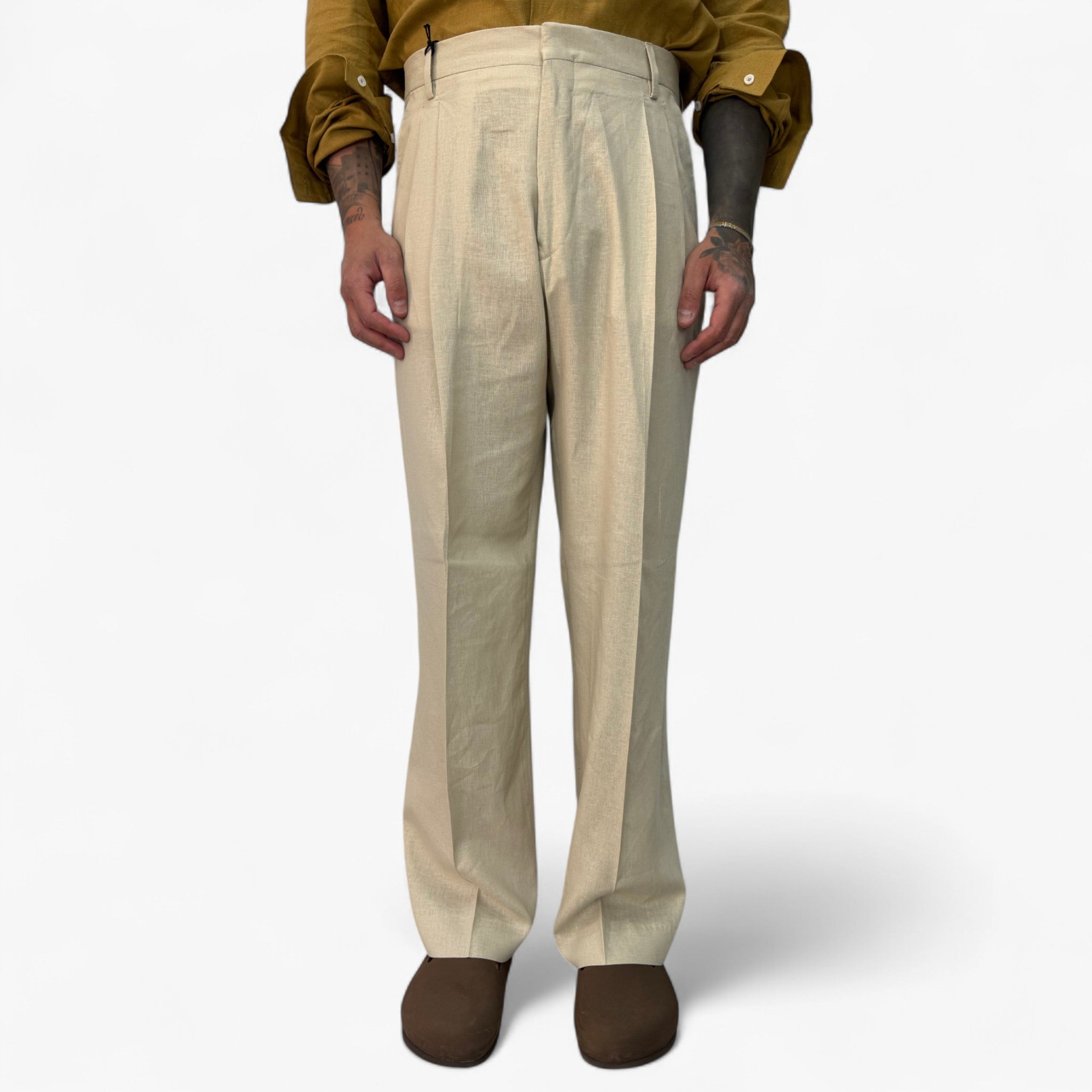 Pantaloni da uomo in lino - Beige - abbigliamento estivo lino moda maschile pantaloni pantaloni con doppie pince pantaloni eleganti pantaloni estivi pantaloni in lino pantaloni leggeri pantaloni traspiranti pantaloni uomo pants stile elegante uomo - Concept Palermo