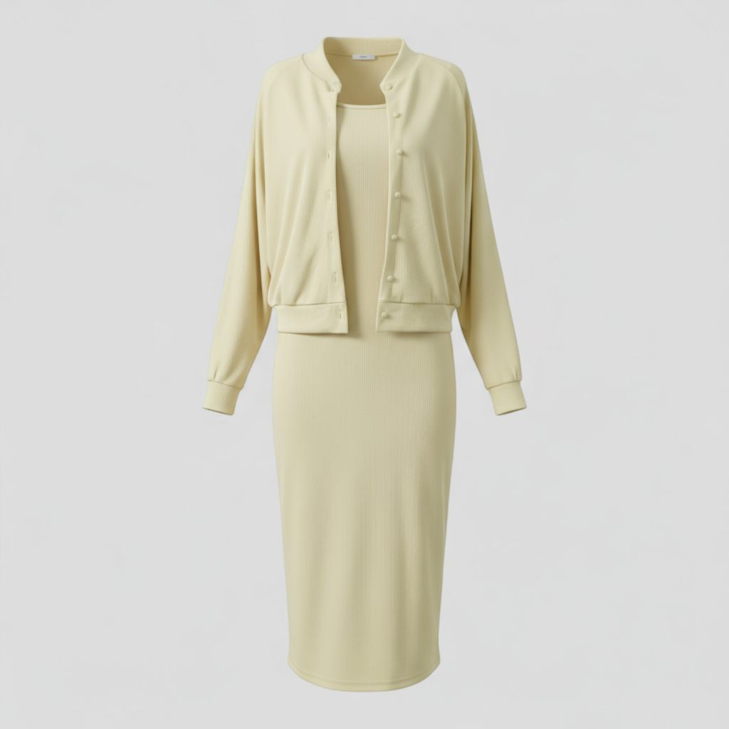Abito Midi con Cardigan Abbinato Donna - Giallo - abbigliamento casual abbinato abito abito midi abito versatile cardigan cardigan elegante donna midi moda femminile outfit formale outfit sets stile comodo tessuto di alta qualità - Concept Palermo