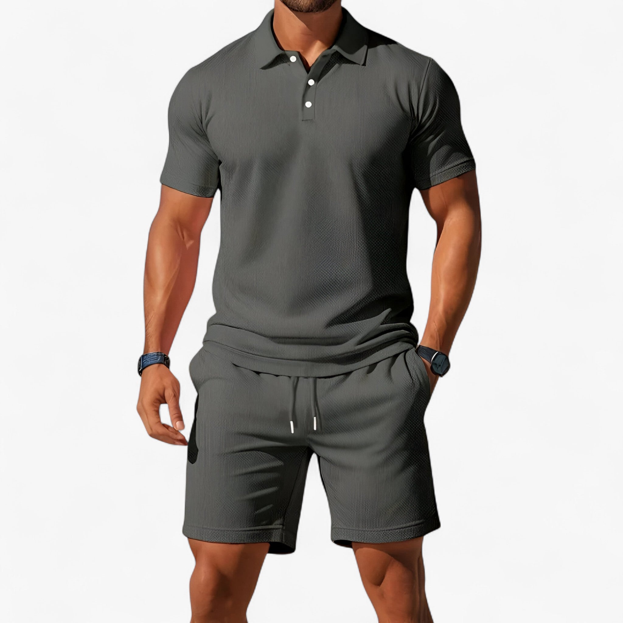 Set Polo Uomo Estivo Traspirante in Cotone Leggero - Grigio - abbigliamento estivo colori estivi estivo maniche corte polo moda maschile outfit sets polo polo di cotone polo estivo polo per il tempo libero polo slim fit polo uomo estiva stile casual tessuto traspirante traspirante uomo - Concept Palermo