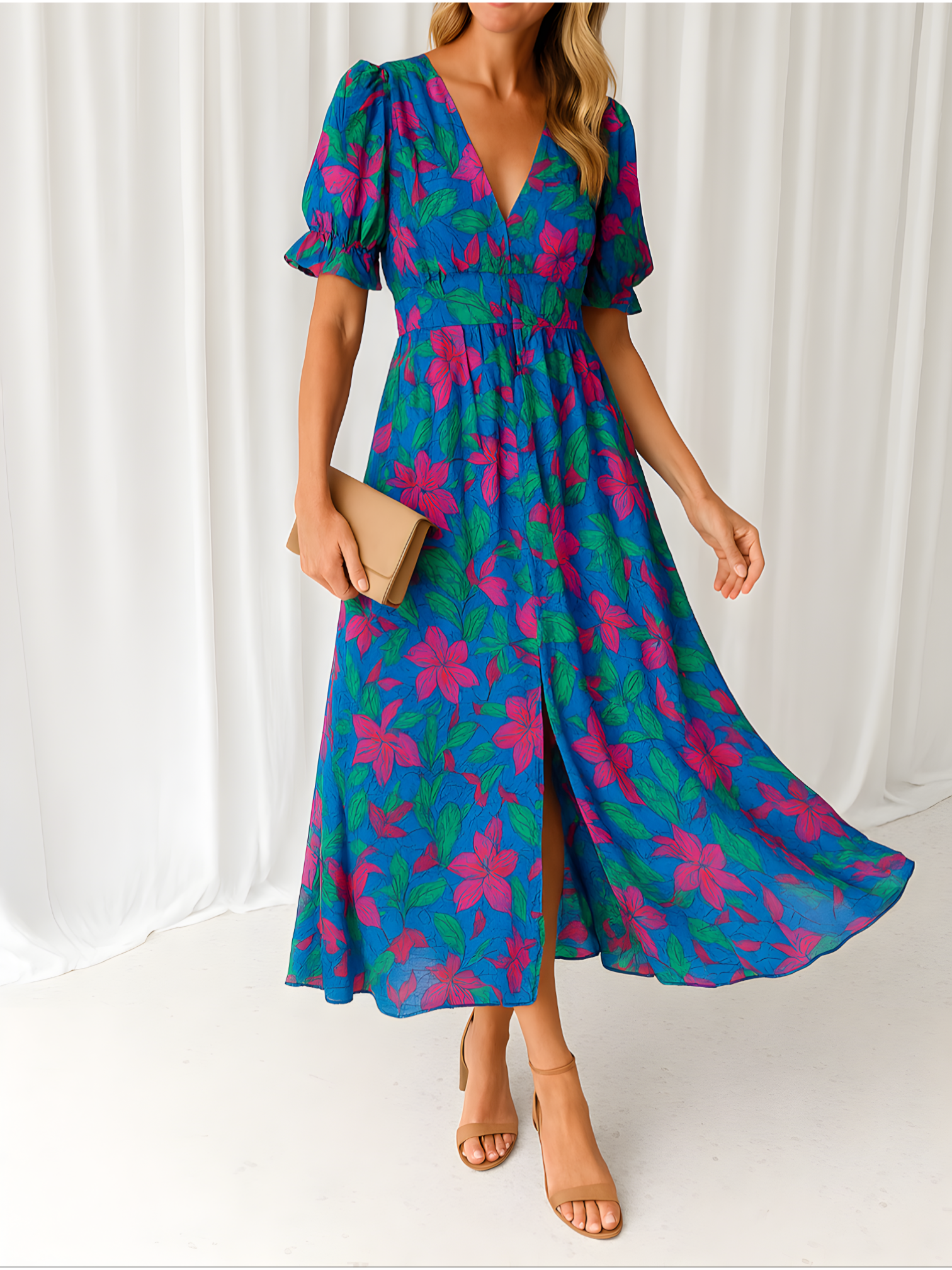 Abito Lungo Fluido Rosso Elegante Donna - Maxi Leggero Estivo - Blu - abbigliamento versatile abiti lunghi abito abito casual abito comodo abito con maniche a sbuffo abito estivo abito lungo abito lungo elegante abito per occasioni speciali abito rosa-rosso best-seller cross-from-seroa-10188779127050 donna look raffinato lunga moda donna New-google - Concept Palermo
