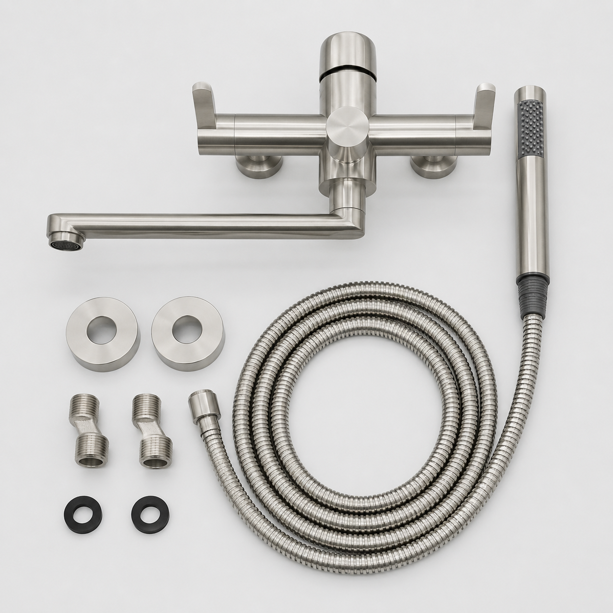 Rubinetto da Parete per Cucina con Doccetta Manuale e Doppia Leva in Acciaio Inossidabile - - acier acier inoxydable cross-from-marche-lino-15746958295389 cuisine cuisine moderne double trou douchette facilité d'installation inoxydable mural New-google pistolet de pulvérisation robinet robinet de cuisine robinet de lavabo robinet mural robinet mélangeur robinet à 360 degrés - Concept Palermo