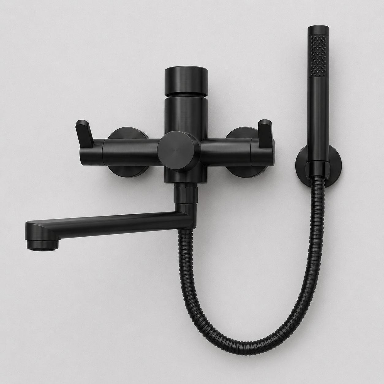 Rubinetto da Parete per Cucina con Doccetta Manuale e Doppia Leva in Acciaio Inossidabile - Noir - acier acier inoxydable cross-from-marche-lino-15746958295389 cuisine cuisine moderne double trou douchette facilité d'installation inoxydable mural New-google pistolet de pulvérisation robinet robinet de cuisine robinet de lavabo robinet mural robinet mélangeur robinet à 360 degrés - Concept Palermo