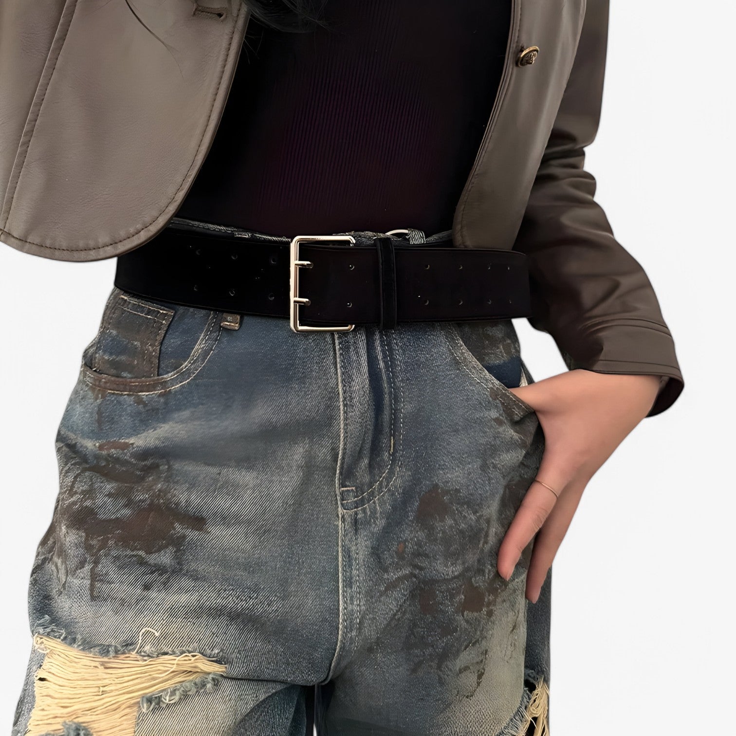 Cintura Larga in Seta di Camoscio con Fibbia Argento Donna - Nero - belts camoscio cintura cintura larga donna fibbia larga seta waist belt for women women belt round Womens belt - Concept Palermo