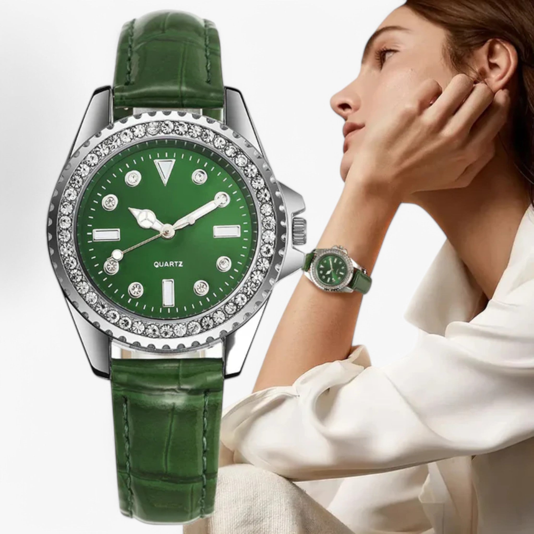 Orologio da Donna in Pelle Verde Smeraldo con Diamanti Scintillanti - - accessoires diamanti horloges orologio orologio pelle pelle scintillanti watches - Concept Palermo