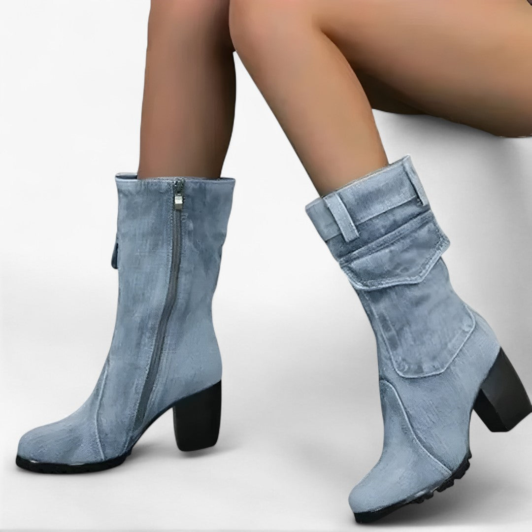 Stivali da Cowboy Donna in Denim con Tacco Alto, Blu Scuro - - BOOTS Boots & Shoes cowboy denim donna shoes stivali stivali cowboy tacco - Concept Palermo