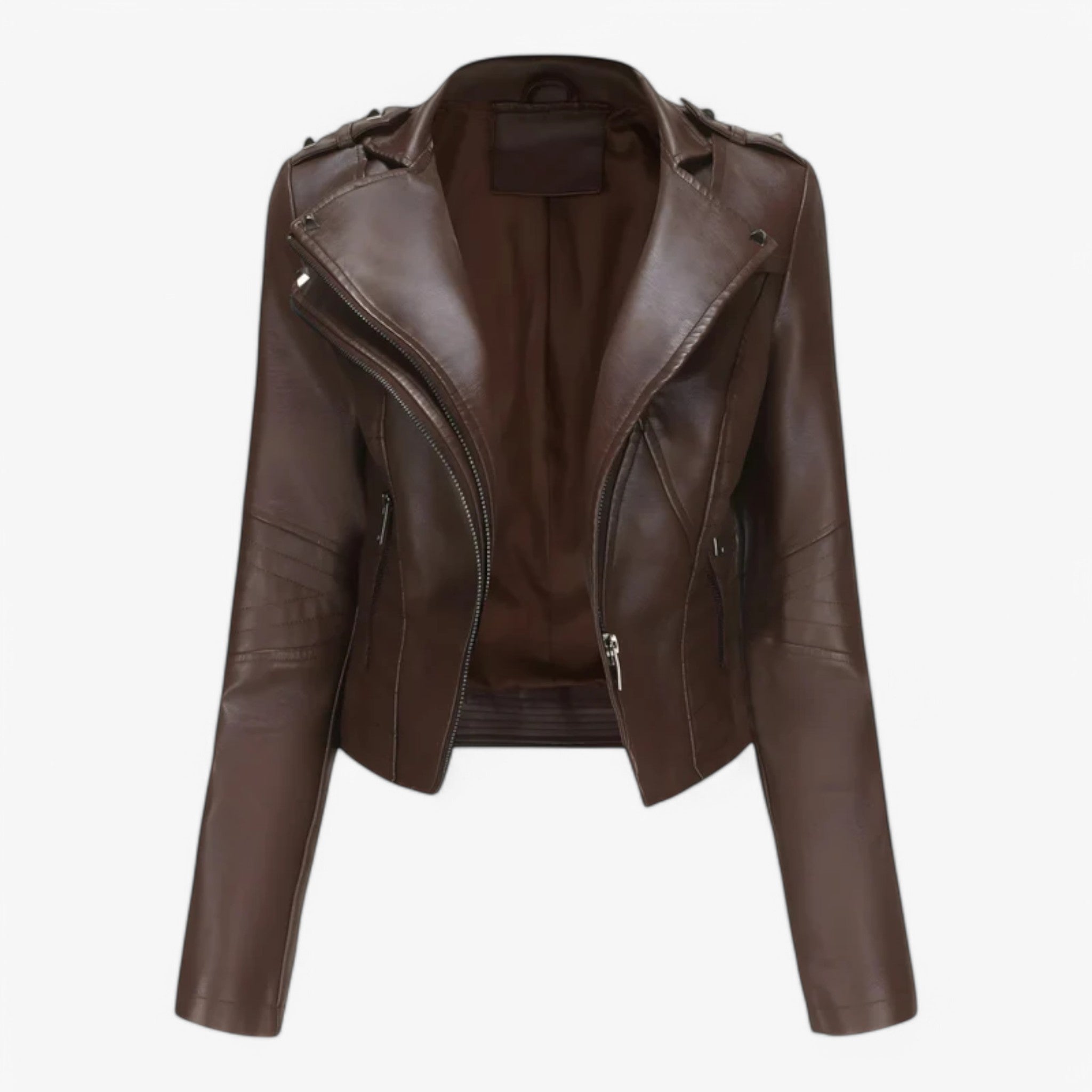 Giacca Biker Corta in Pelle Donna - Alta Qualita, Consegna Rapida - Caffè - biker corta donna giacca giacca biker pelle women's coats & jackets - Concept Palermo