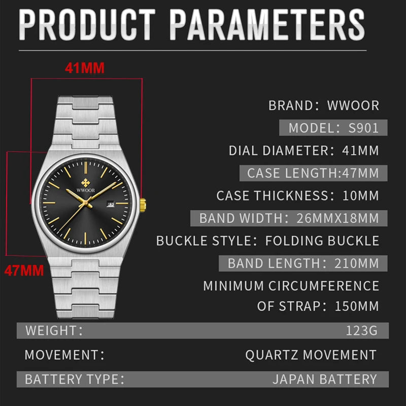 WWOOR Top Brand VJ32 Quartz Movement Watch for Men 316L Stainless Steel Business Watch Waterproof Luminous Men's Watches - - accessoires brand business horloges luminous movement quartz stainless steel watch watches - Concept Palermo