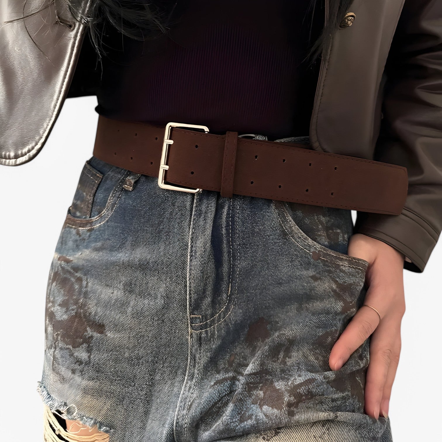 Cintura Larga in Seta di Camoscio con Fibbia Argento Donna - Caffè - belts camoscio cintura cintura larga donna fibbia larga seta waist belt for women women belt round Womens belt - Concept Palermo