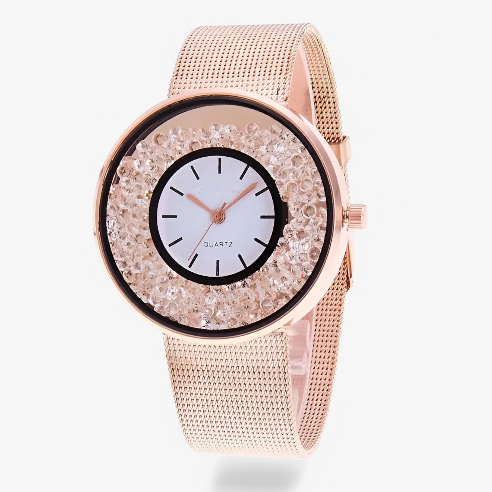 Orologio da donna in acciaio con finitura oro rosa e bracciale in maglia di strass - oro rosa - acciaio bracciale donna female watch finitura maglia orologio orologio donna strass watch for women - Concept Palermo