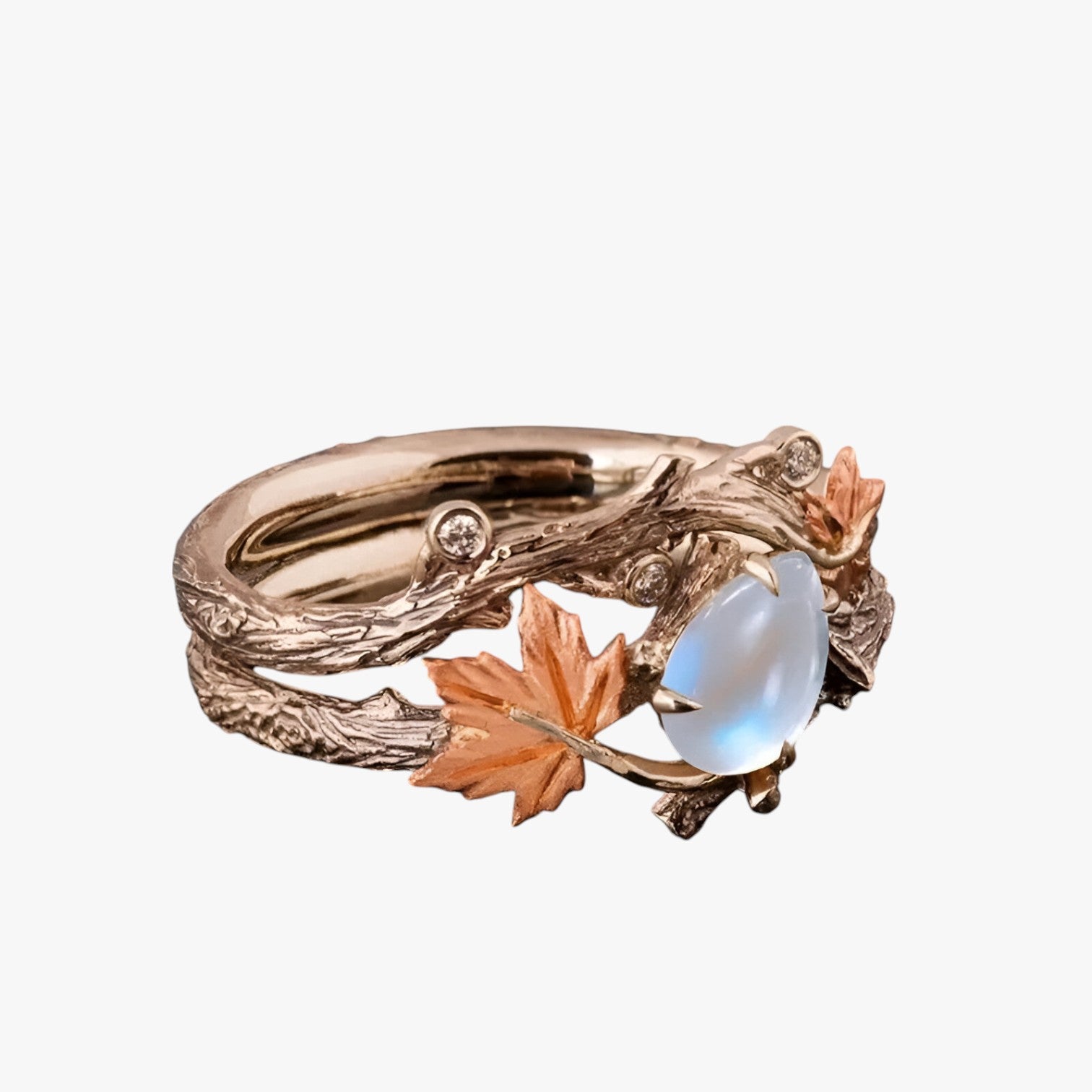 Anello in oro con foglia - Ciondolo senza tempo con scintillio di pietra di luna - - anello anello foglia ciondolo foglia jewelry luna pietra Rings scintillio womens ring - Concept Palermo