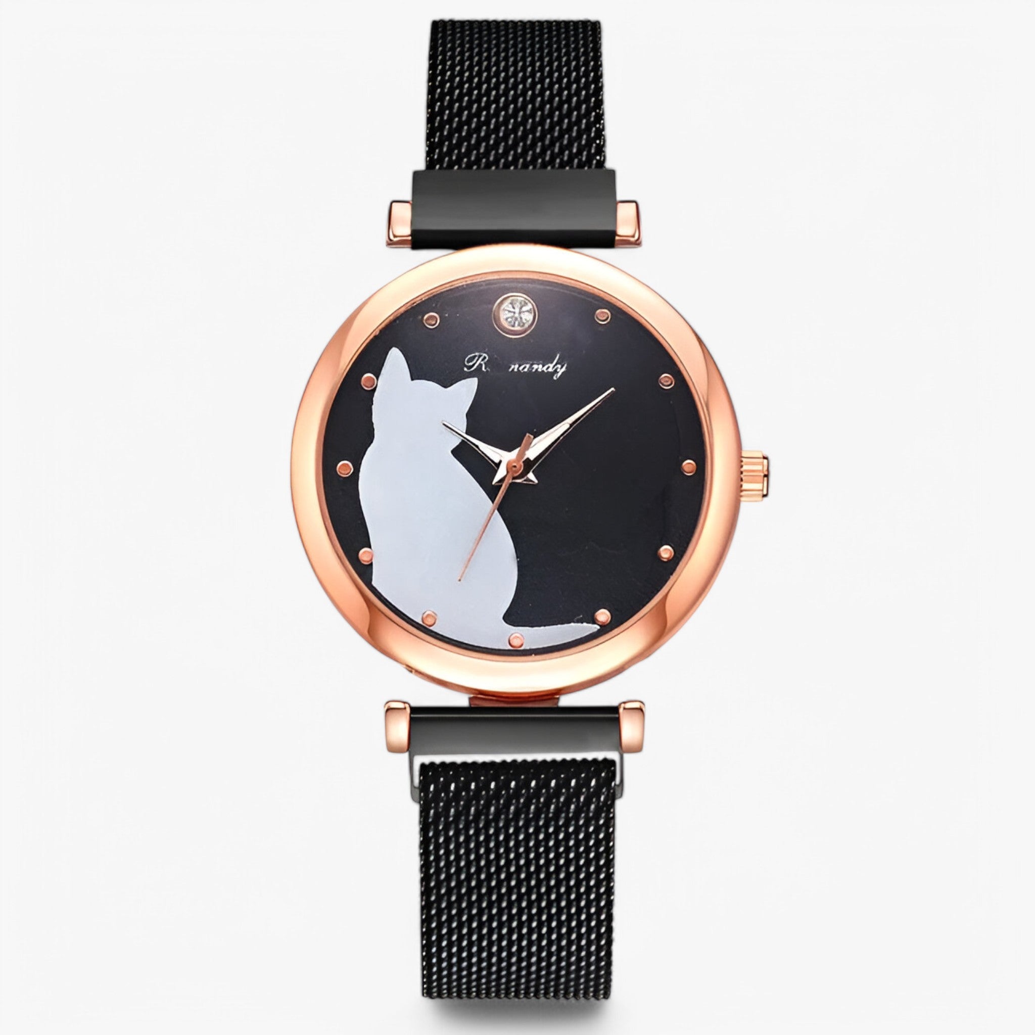 Orologio da donna con quadrante a forma di gatto e cinturino in maglia – Set da 5 pezzi - Nera - cinturino donna female watch forma gatto maglia orologio orologio donna pezzi watch for women - Concept Palermo