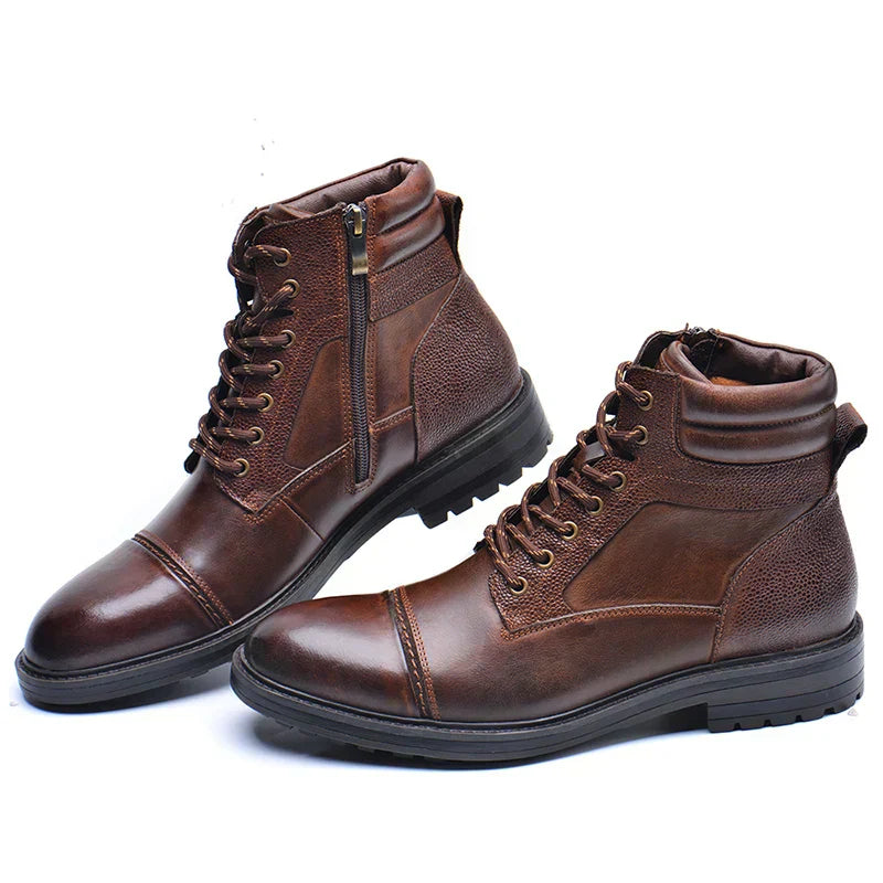 Stivali in pelle da uomo con cerniera laterale e lacci - Stivali marroni resistenti, ispirati al mondo del lavoro, per abbigliamento casual, outdoor e smart-casual