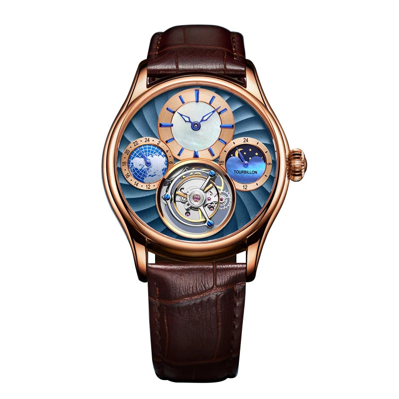 Orologio Automatico Scheletrato Uomo Lusso Tourbillon, Acciaio Inox Argento - Rosa Blu - accessoires horloges meccanico orologio orologio meccanico tourbillon watches - Concept Palermo
