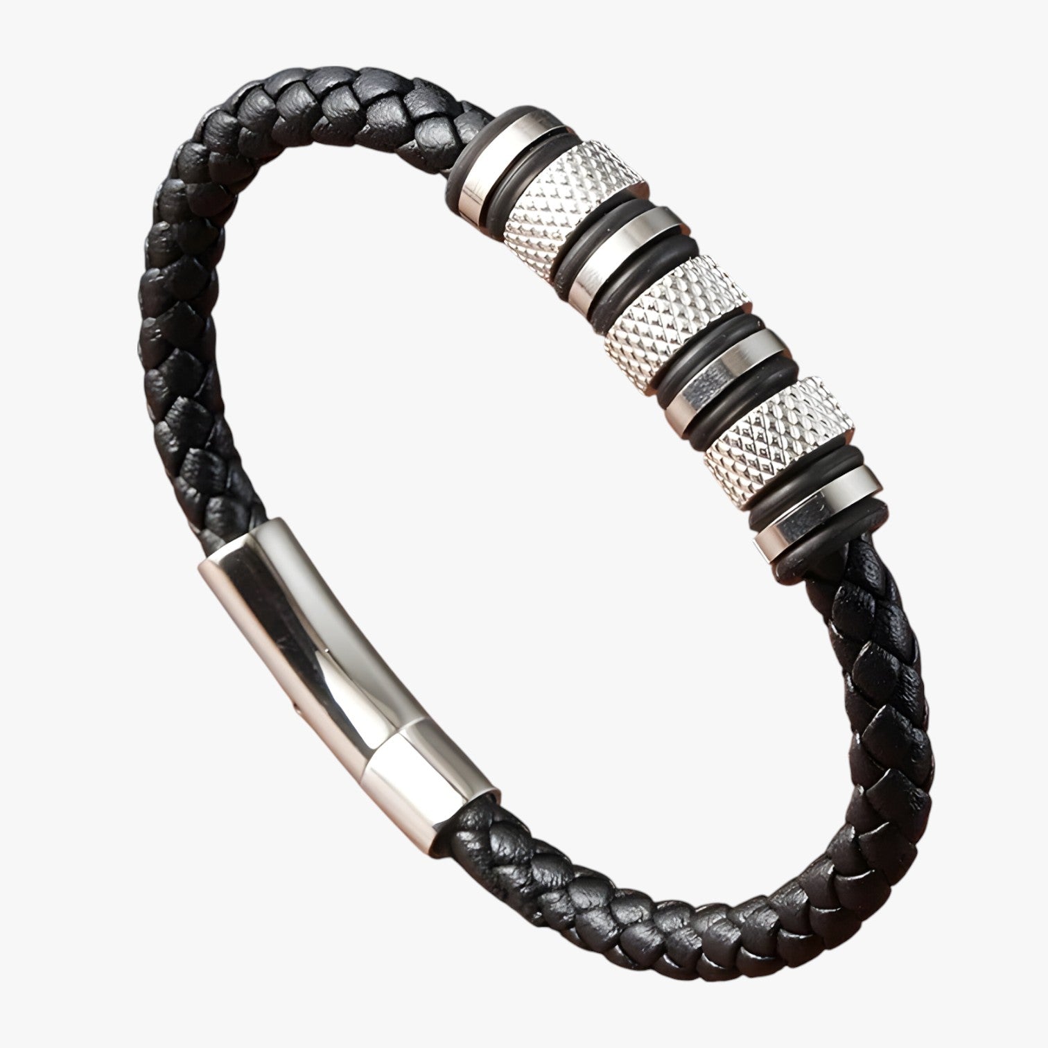 Bracciale Uomo in Pelle Intrecciata con Perline in Acciaio - argento 21cm - acciaio bracciale bracciale uomo BRACELET bracelet for men BRACELETS intrecciata jewelry mens bracelet pelle perline uomo - Concept Palermo