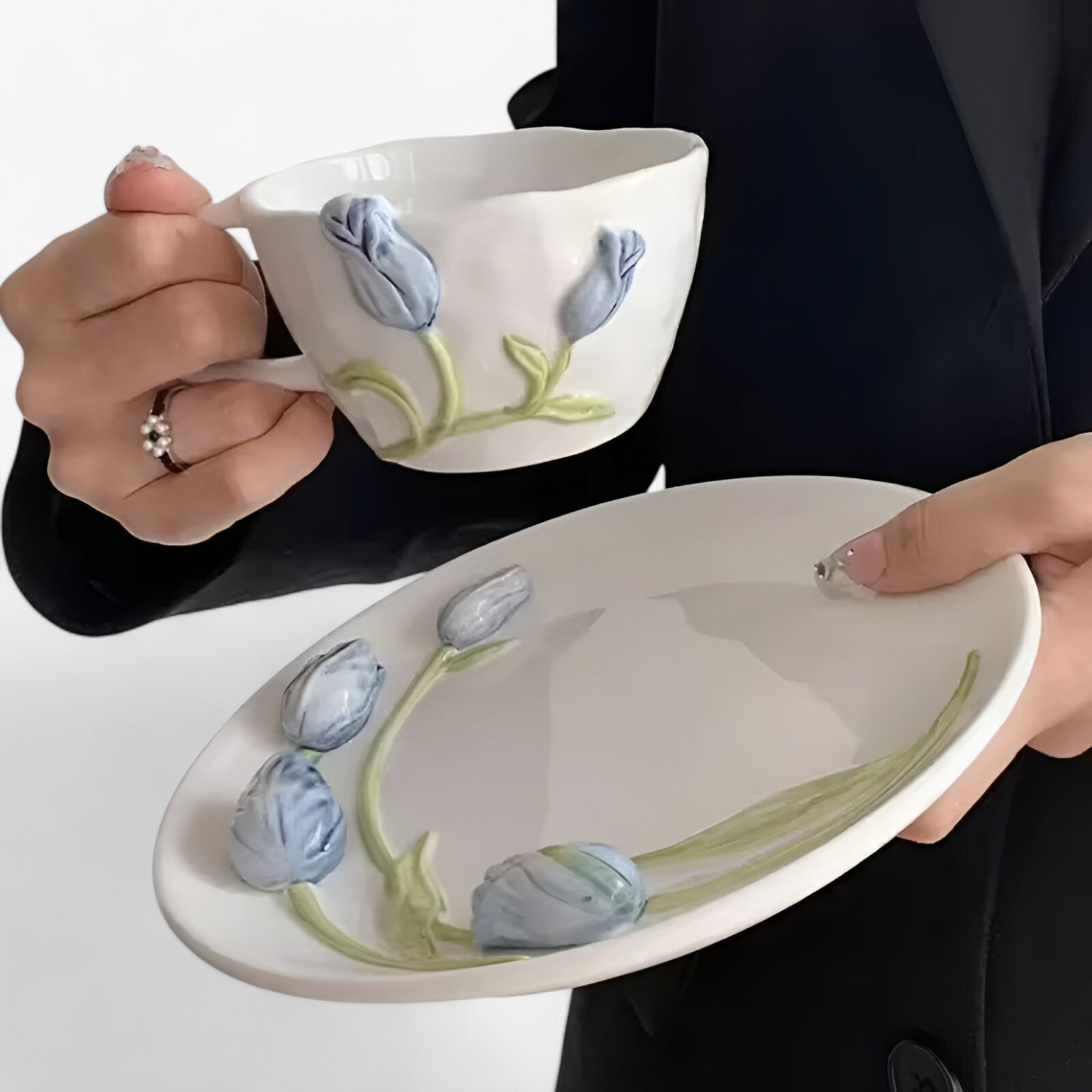 Tazza da caffè in ceramica creativa a forma di tulipano con piattino - Set blu 260-310ML - caffè ceramica creativa forma home & garden huis & tuin piattino tazza tazza caffè - Concept Palermo