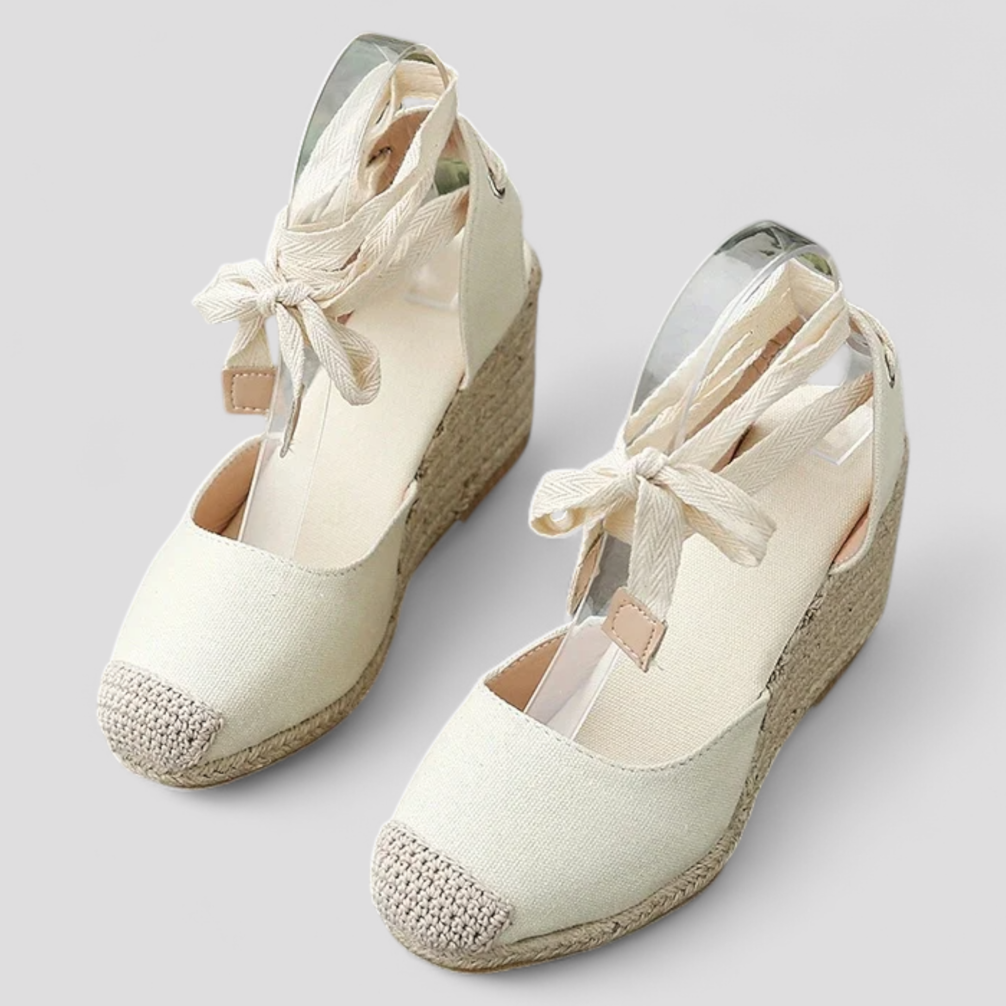 Espadrillas Zeppe Estive con Lacci alla Caviglia Donna in Tela Beige - - Accessoires alla caviglia Dames espadrillas estive lacci Sandalen Schoenen stile zeppe zeppe estive - Concept Palermo