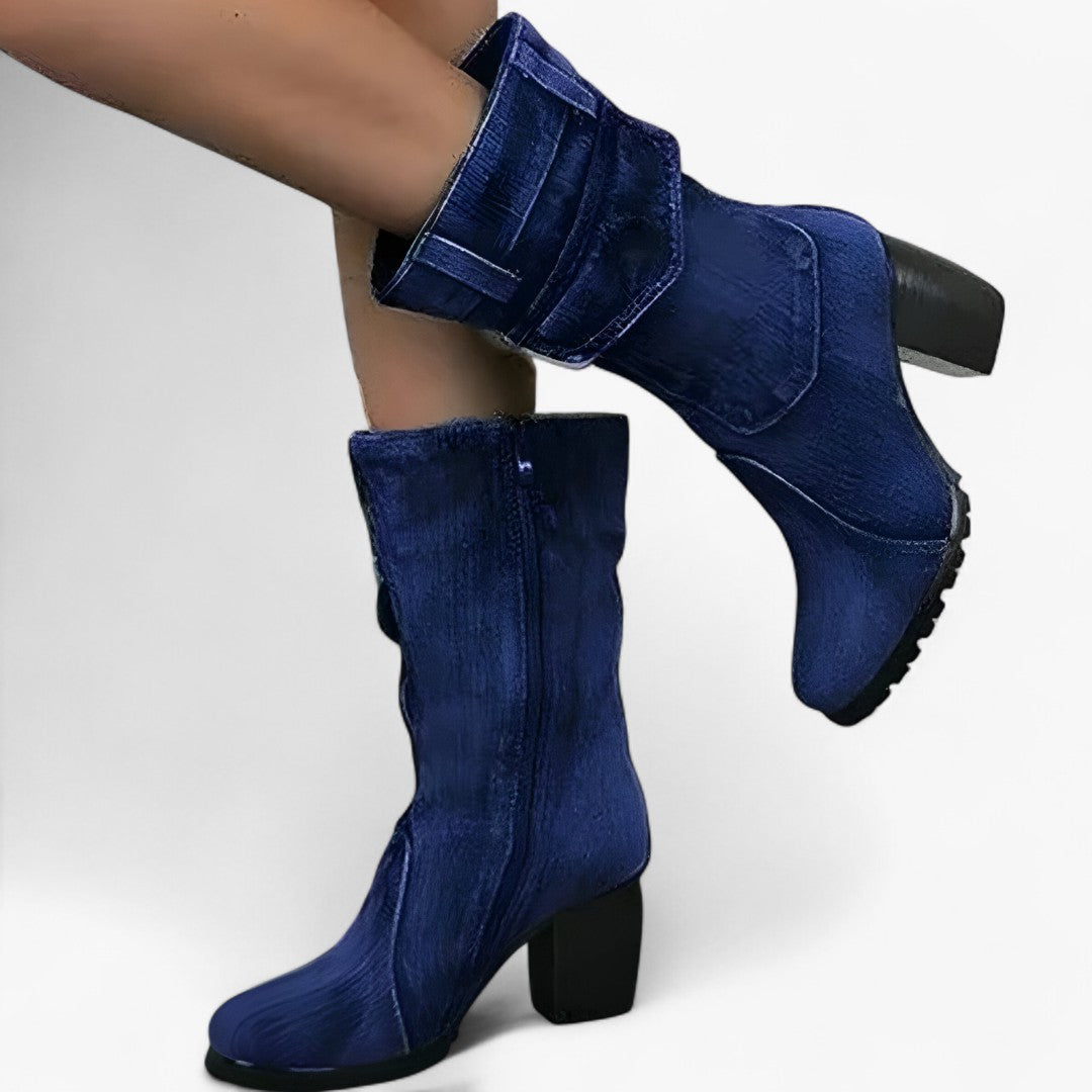 Stivali da Cowboy Donna in Denim con Tacco Alto, Blu Scuro - Blu Marina - BOOTS Boots & Shoes cowboy denim donna shoes stivali stivali cowboy tacco - Concept Palermo