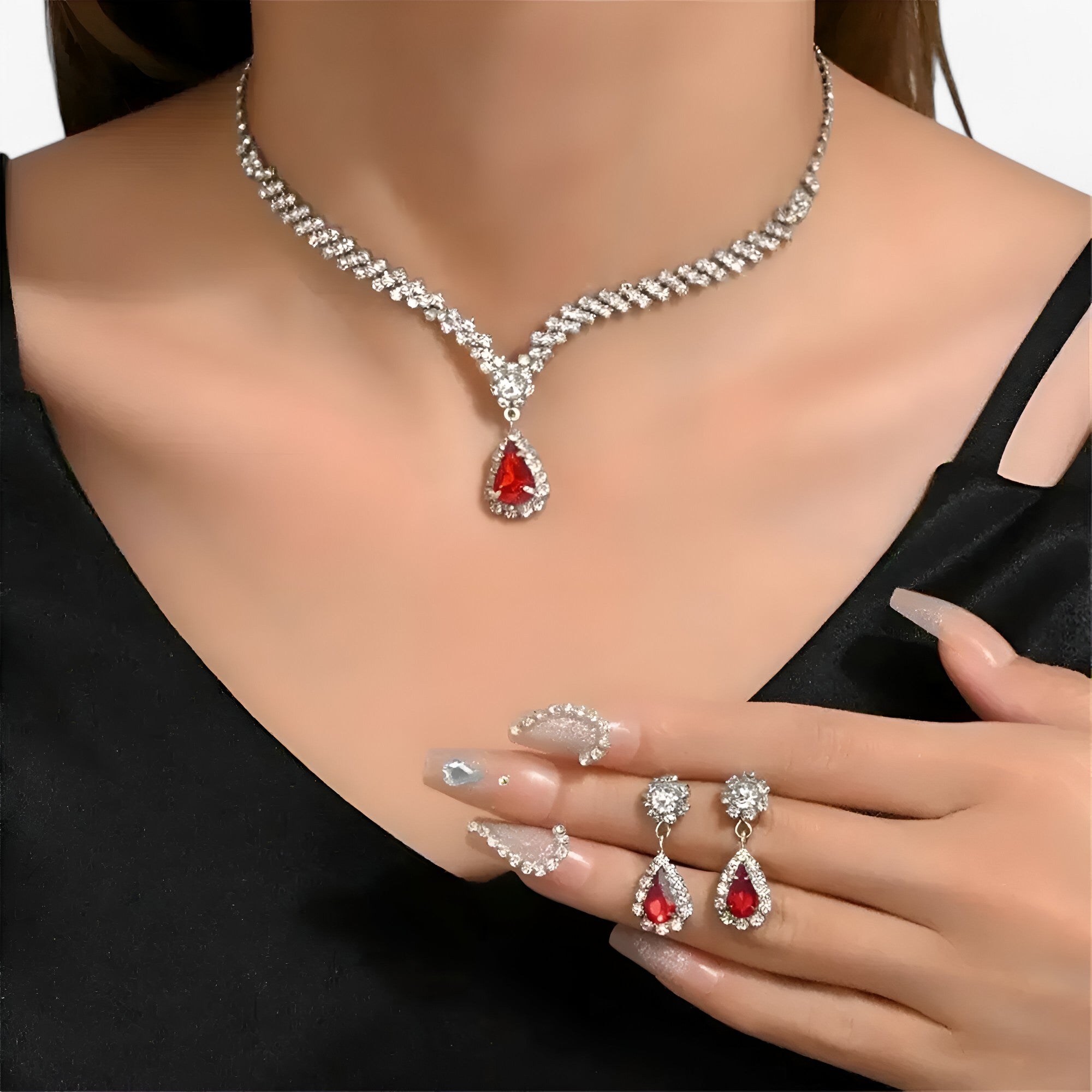 Set Gioielli Sposa Cristallo Goccia: Collana e Orecchini Eleganti Donna Argento 925 - Argento rosso 2 - donna goccia jewelry lana necklaces Necklaces for Women nozze nozze pezzi orecchini pendente WOMEN - Concept Palermo