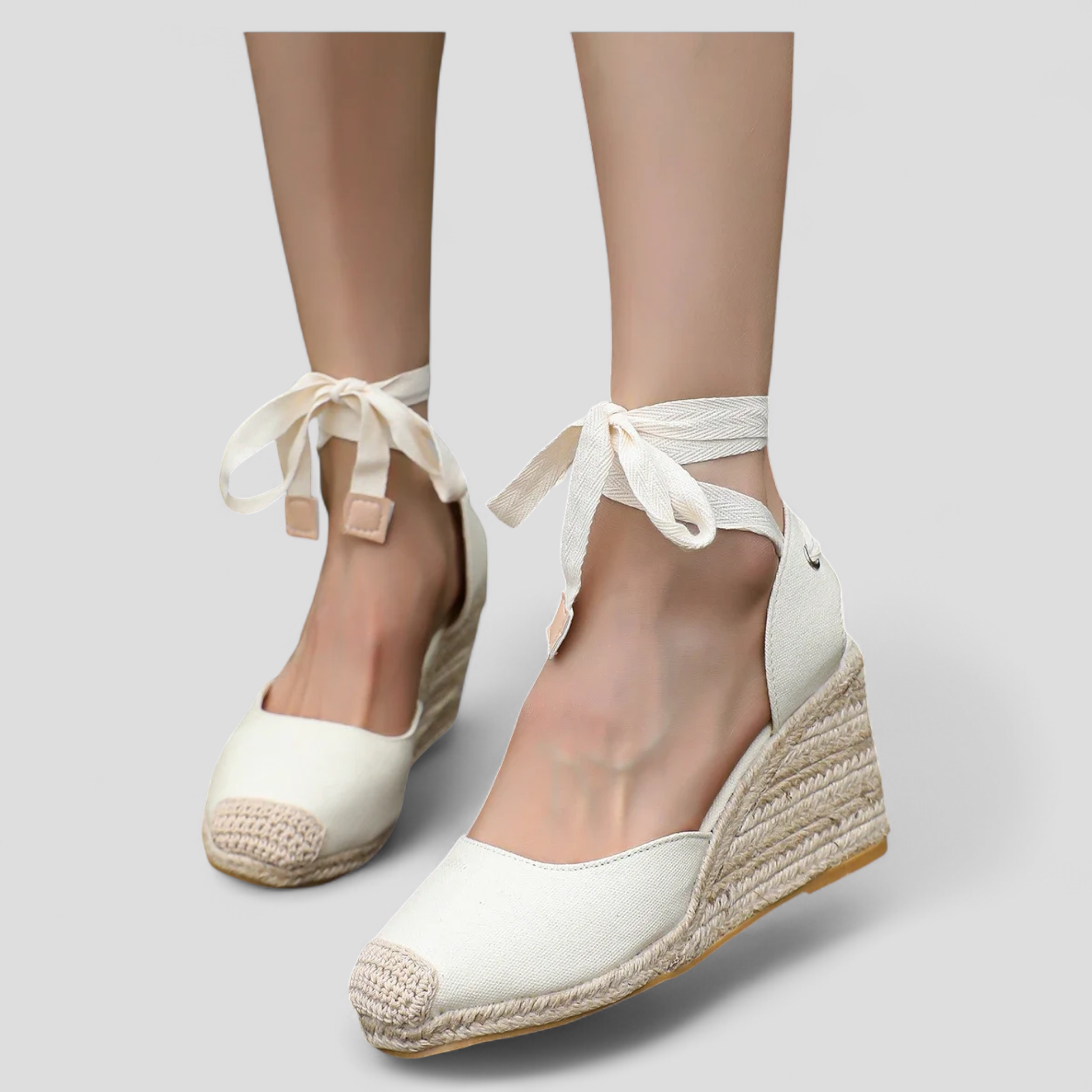 Espadrillas Zeppe Estive con Lacci alla Caviglia Donna in Tela Beige - - Accessoires alla caviglia Dames espadrillas estive lacci Sandalen Schoenen stile zeppe zeppe estive - Concept Palermo