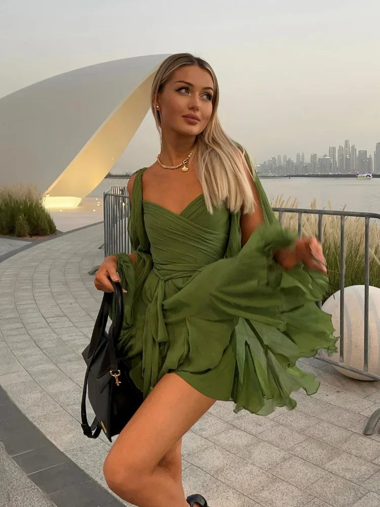 Mini abito plissettato verde sexy con maniche lunghe e scollo a V - L - abito abito plissettato casual dresses DRESS dresses female dress lunghe maniche Mini Dresses plissettato scollo sexy - Concept Palermo