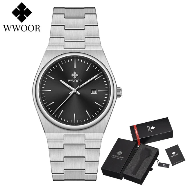 WWOOR Top Brand VJ32 Quartz Movement Watch for Men 316L Stainless Steel Business Watch Waterproof Luminous Men's Watches - Silver black - accessoires brand business horloges luminous movement quartz stainless steel watch watches - Concept Palermo