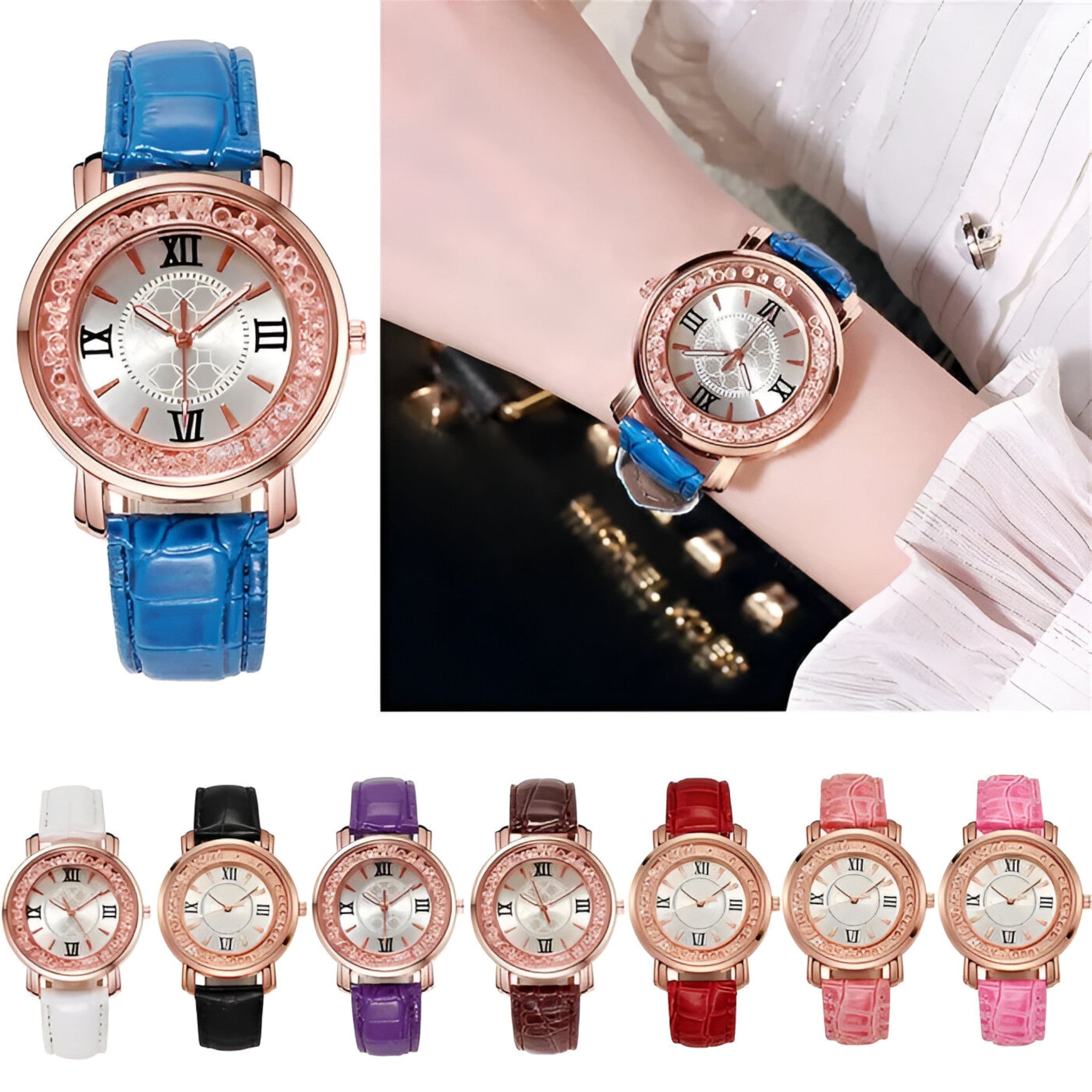 Orologio da donna in pelle con quadrante decorato da strass brillanti - - accessoires brillanti decorato donna horloges orologio orologio donna pelle quadrante strass watches - Concept Palermo