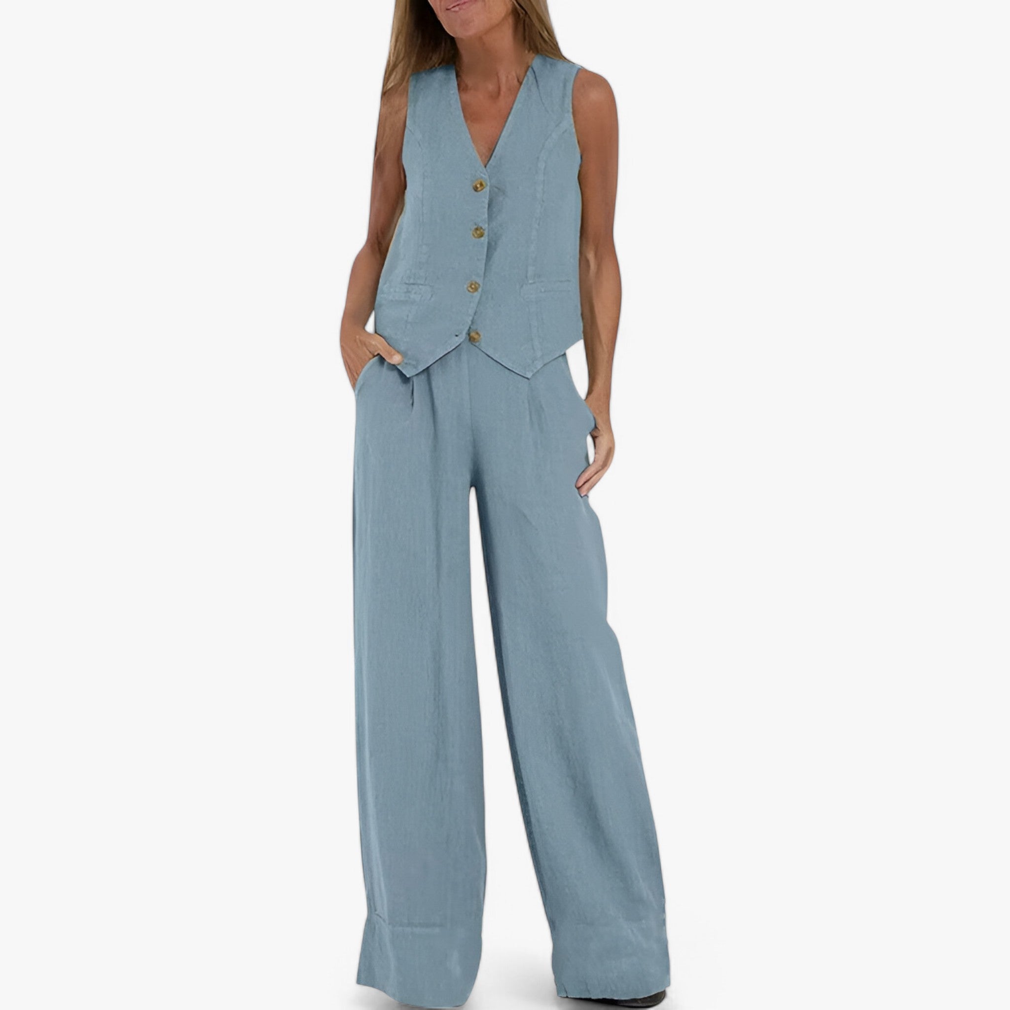 Gilet senza maniche (con pantaloni coordinati gratuiti) - Azzurro - coordinati gilet gilet maniche gratuiti maniche outfit sets pantaloni - Concept Palermo