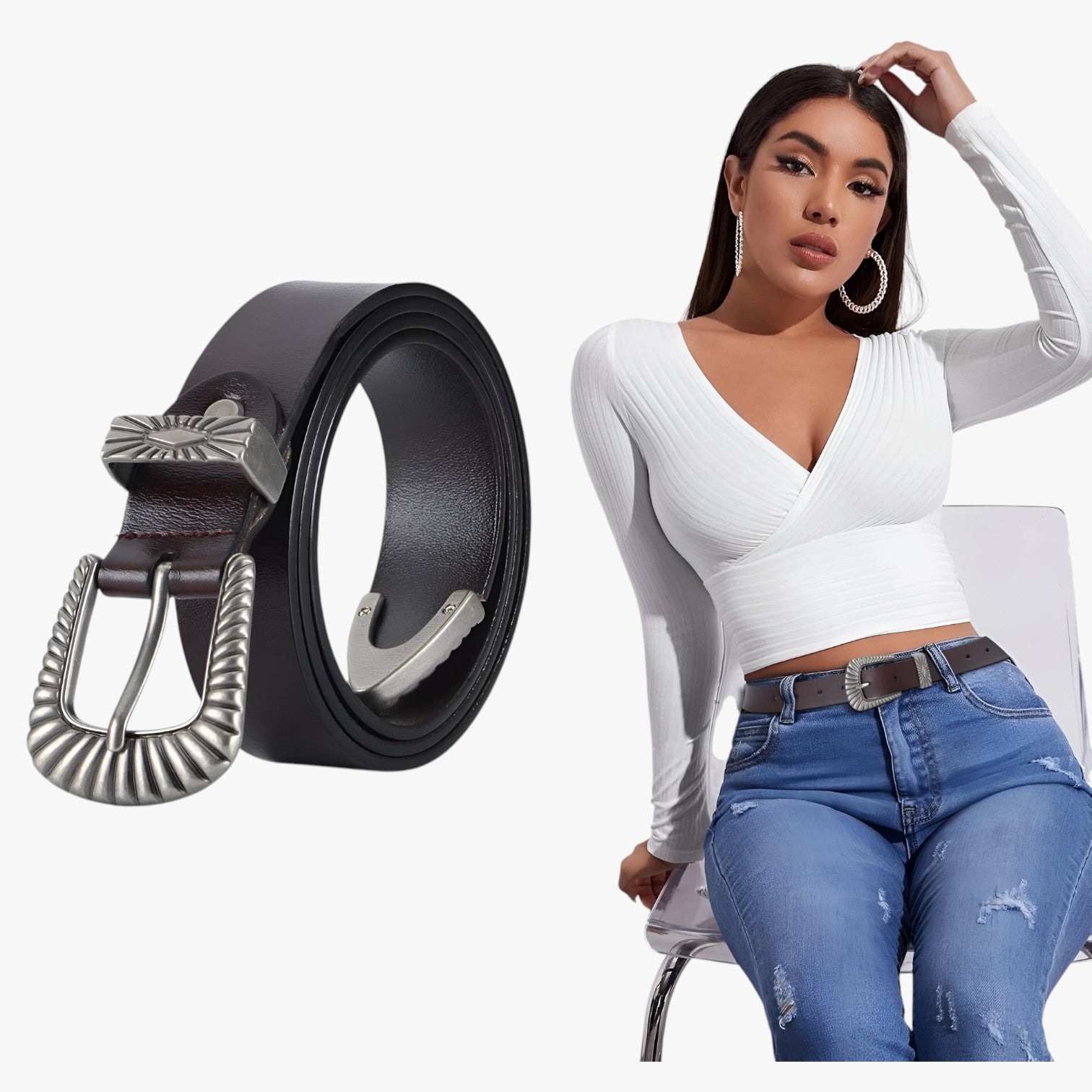 Cintura Western in Vera Pelle Marrone da Uomo per Jeans, Stile Cowboy con Fibbia Intagliata - - Belts cintura cintura western jeans pelle waist belt for women western Womens belt - Concept Palermo