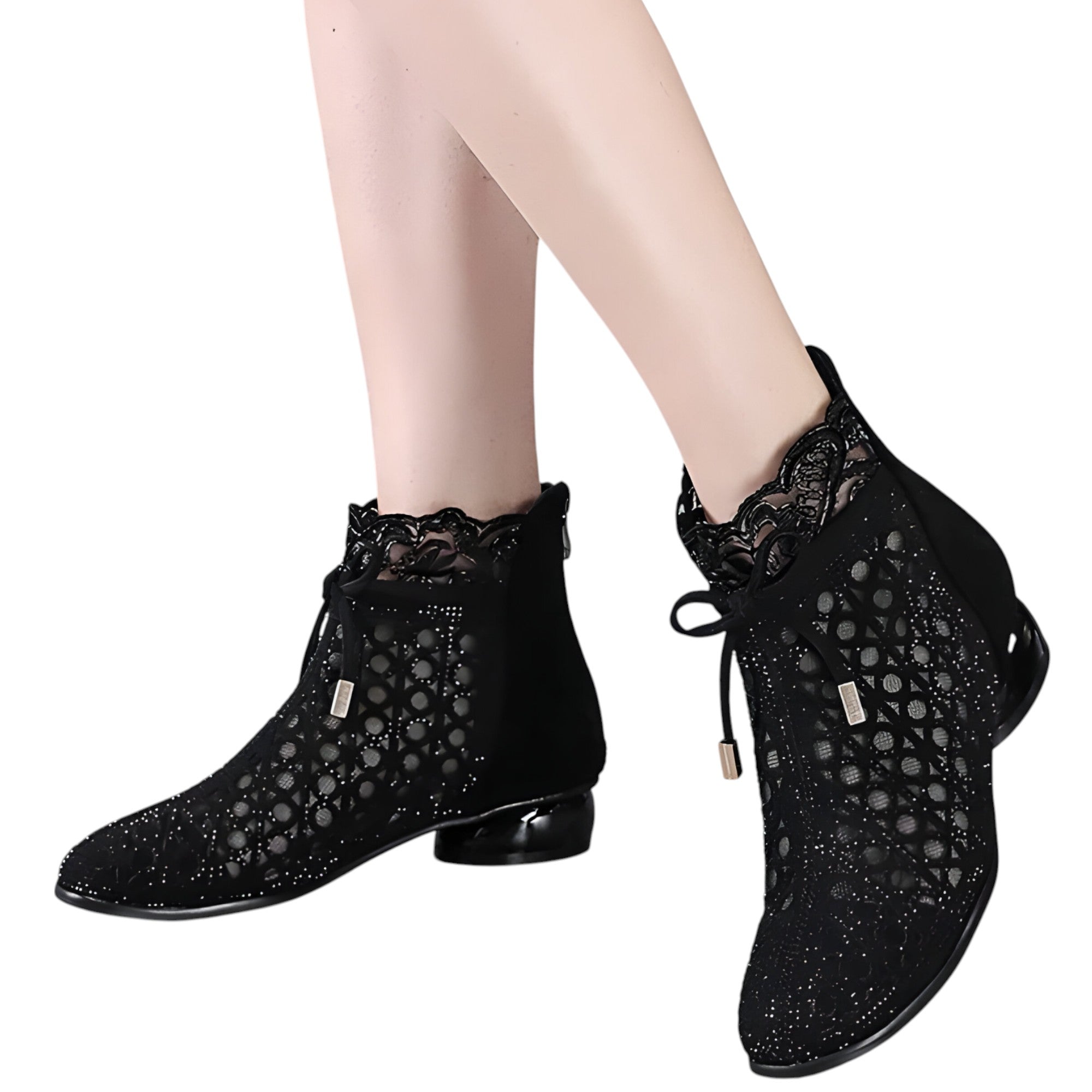 Stivaletti Donna Neri in Vera Pelle con Rete, Tacco a Spillo Eleganti e Traspiranti - - BOOTS Boots & Shoes estivi pelle rete shoes spillo stivaletti stivaletti estivi tacco - Concept Palermo