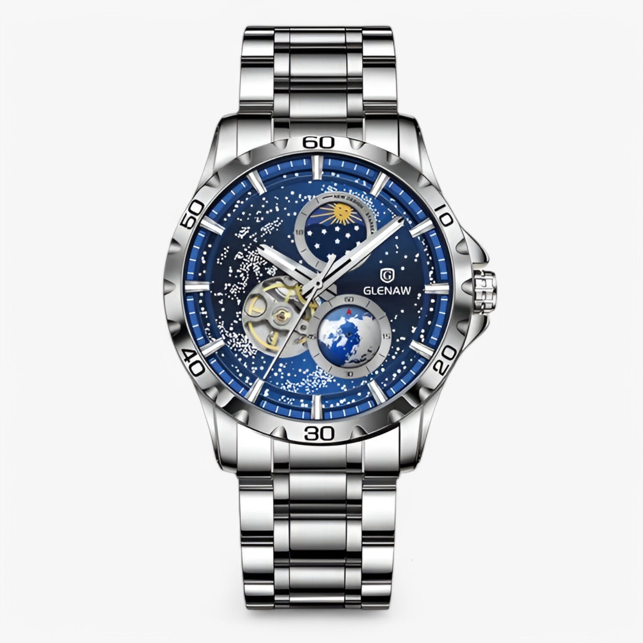 Orologio Meccanico Fasi Lunari in Acciaio Inossidabile - blu argento - accessoires acciaio fasi horloges inossidabile lunari meccanico orologio orologio meccanico watches - Concept Palermo