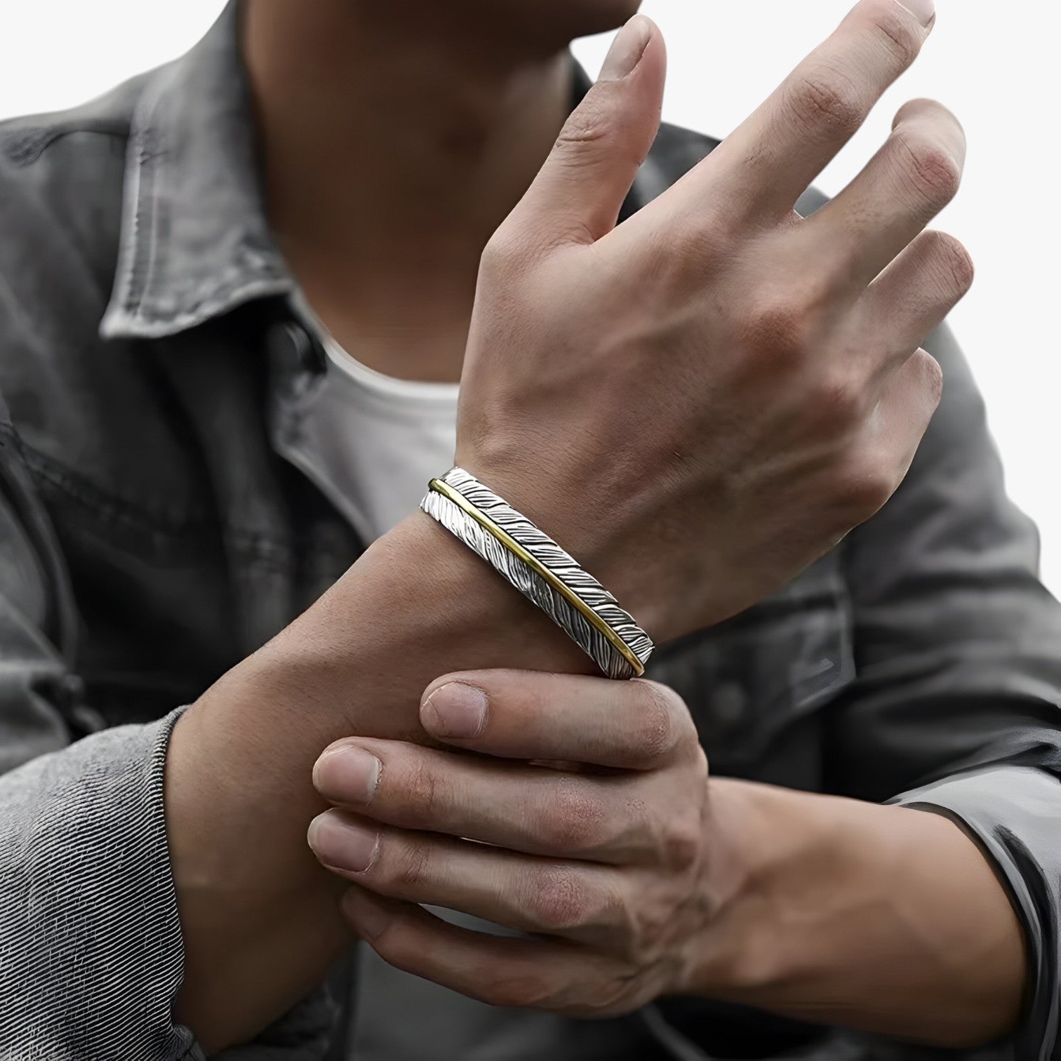Bracciale in Argento 925 con Piuma Dorata Stile Vintage Punk Pelle - - bracciale bracciale piuma BRACELET bracelet for men BRACELETS dorata jewelry mens bracelet pelle piuma punk stile - Concept Palermo