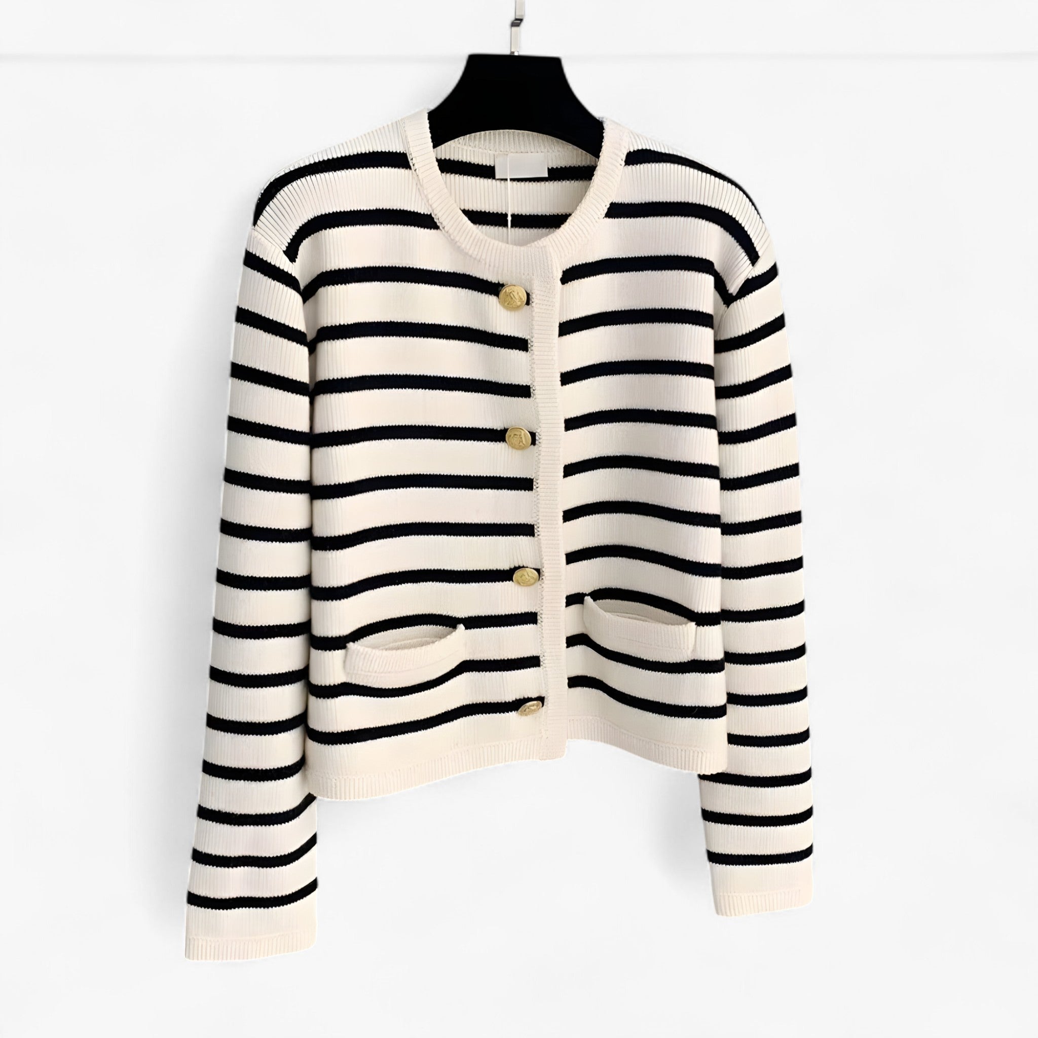 Cardigan classico a righe Comfort senza tempo con dettagli chic Pelle - Bianca Nero - cardigan cardigan righe chic comfort dettagli jacket pelle righe tempo - Concept Palermo