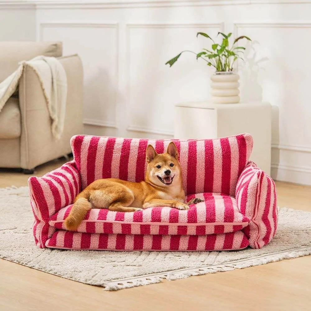 Letto per cani Design a strisce rosa - Morbido e caldo luogo di riposo - Imitazione lana d'agnello